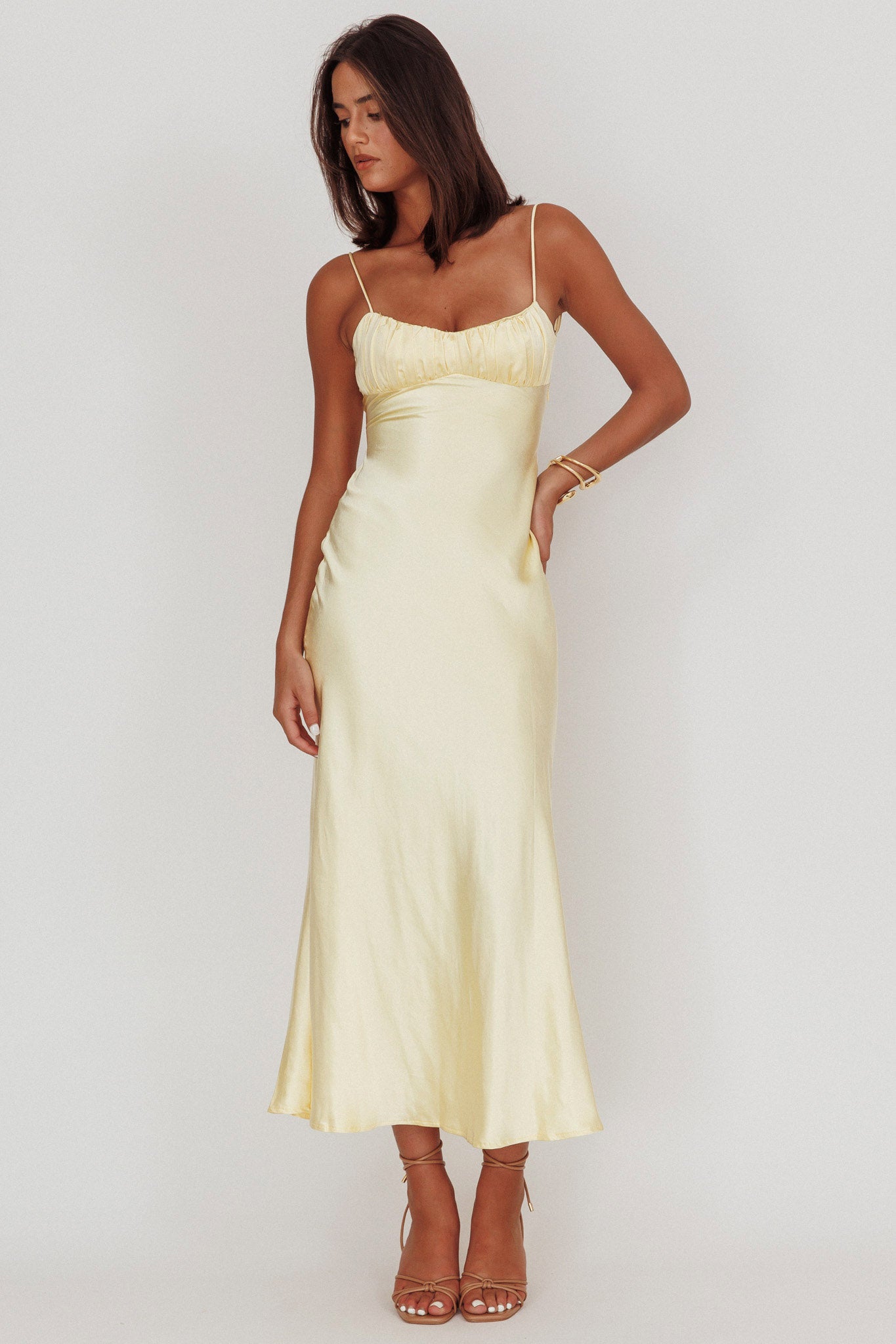 Nerida Twist Back Satin Maxi Dress Lemon-Fable Dress