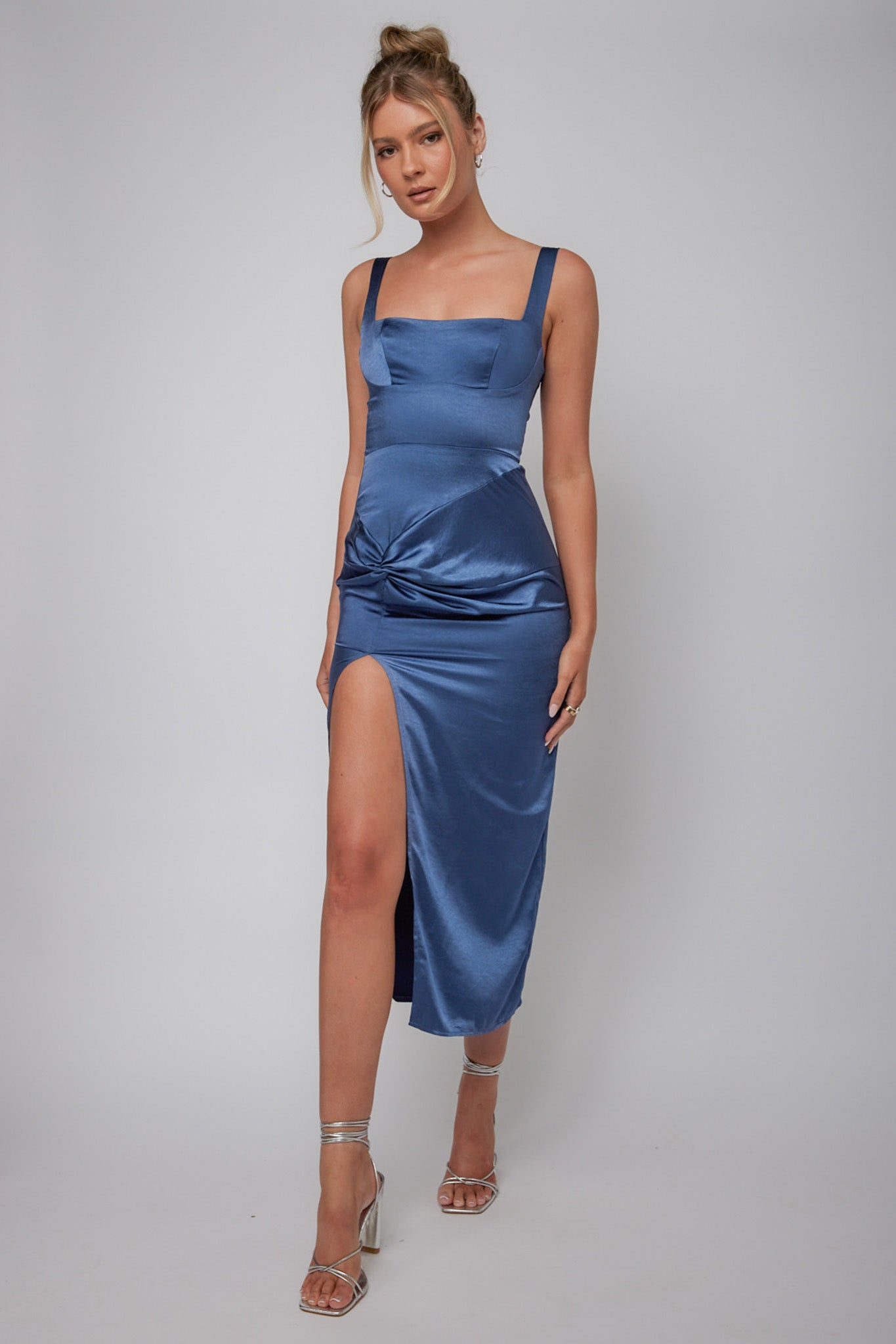 Kristin Knotted Waist Split Midi Dress Navy-Fable Dress