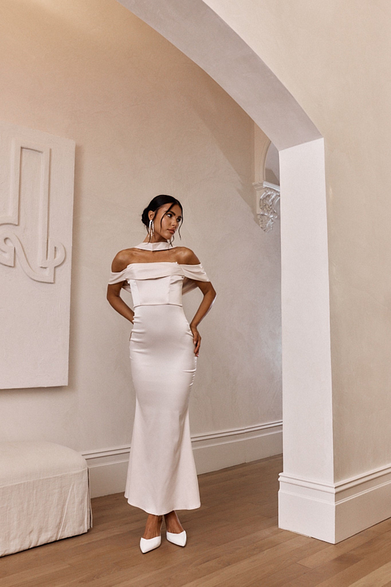 Eclipse Draped Sleeve Midi Dress Beige-Fable Dress