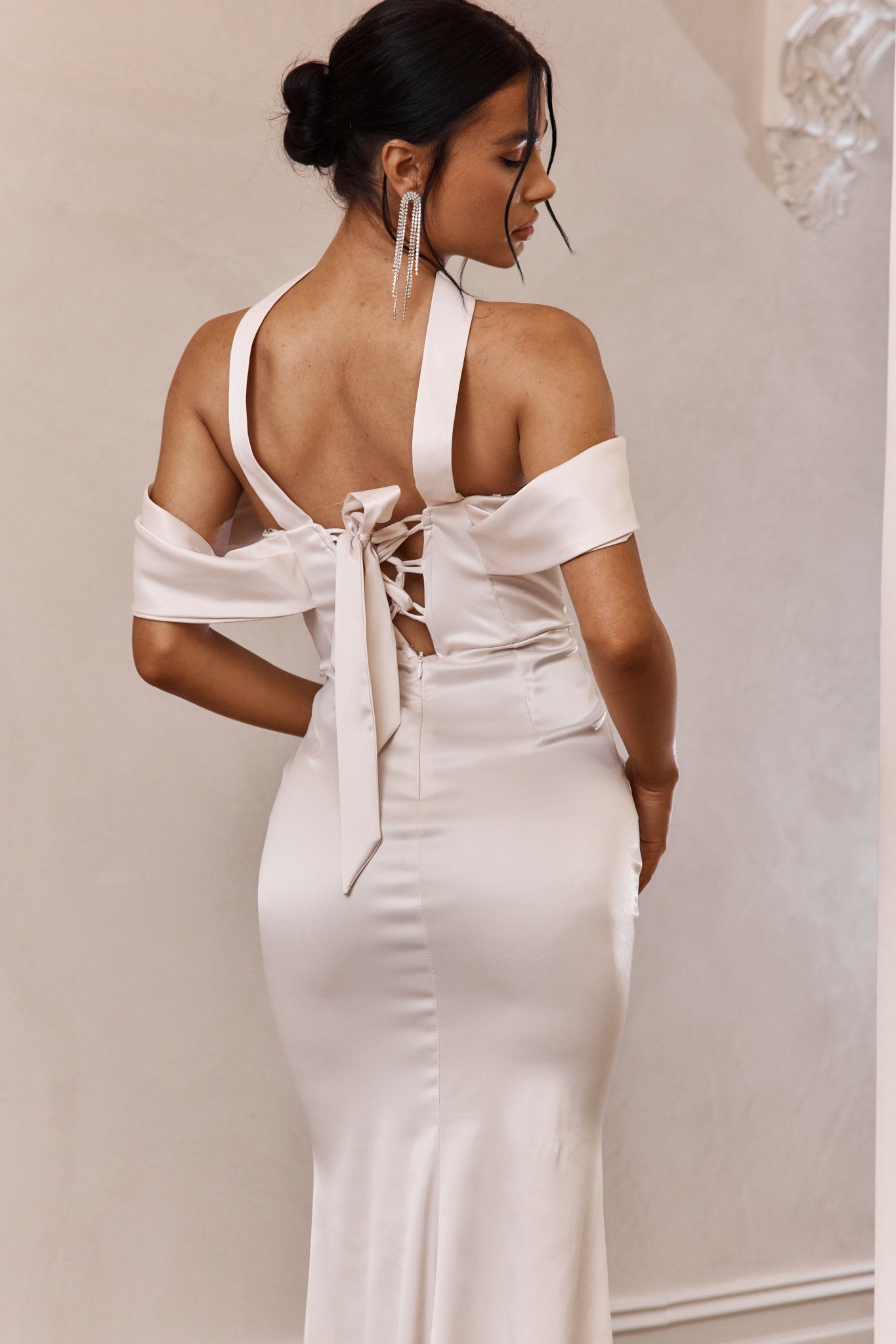 Eclipse Draped Sleeve Midi Dress Beige-Fable Dress