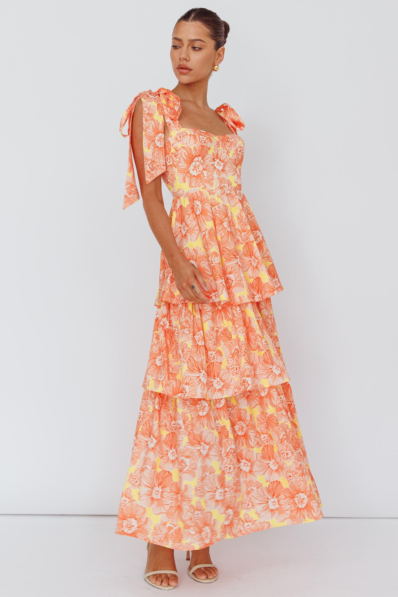 Arlowe Tied Shoulder Tiered Midi Dress Floral Orange-Fable Dress