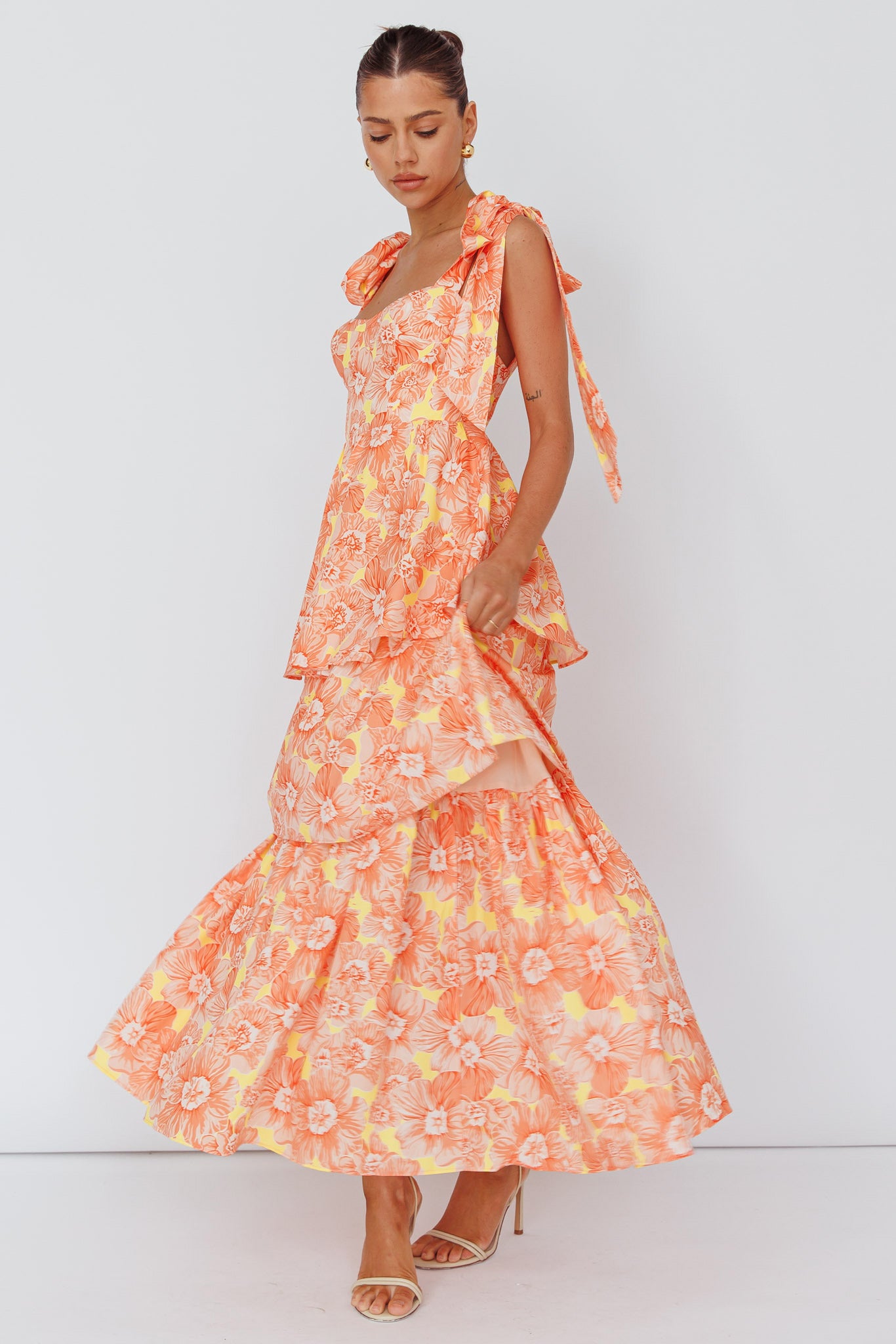 Arlowe Tied Shoulder Tiered Midi Dress Floral Orange-Fable Dress