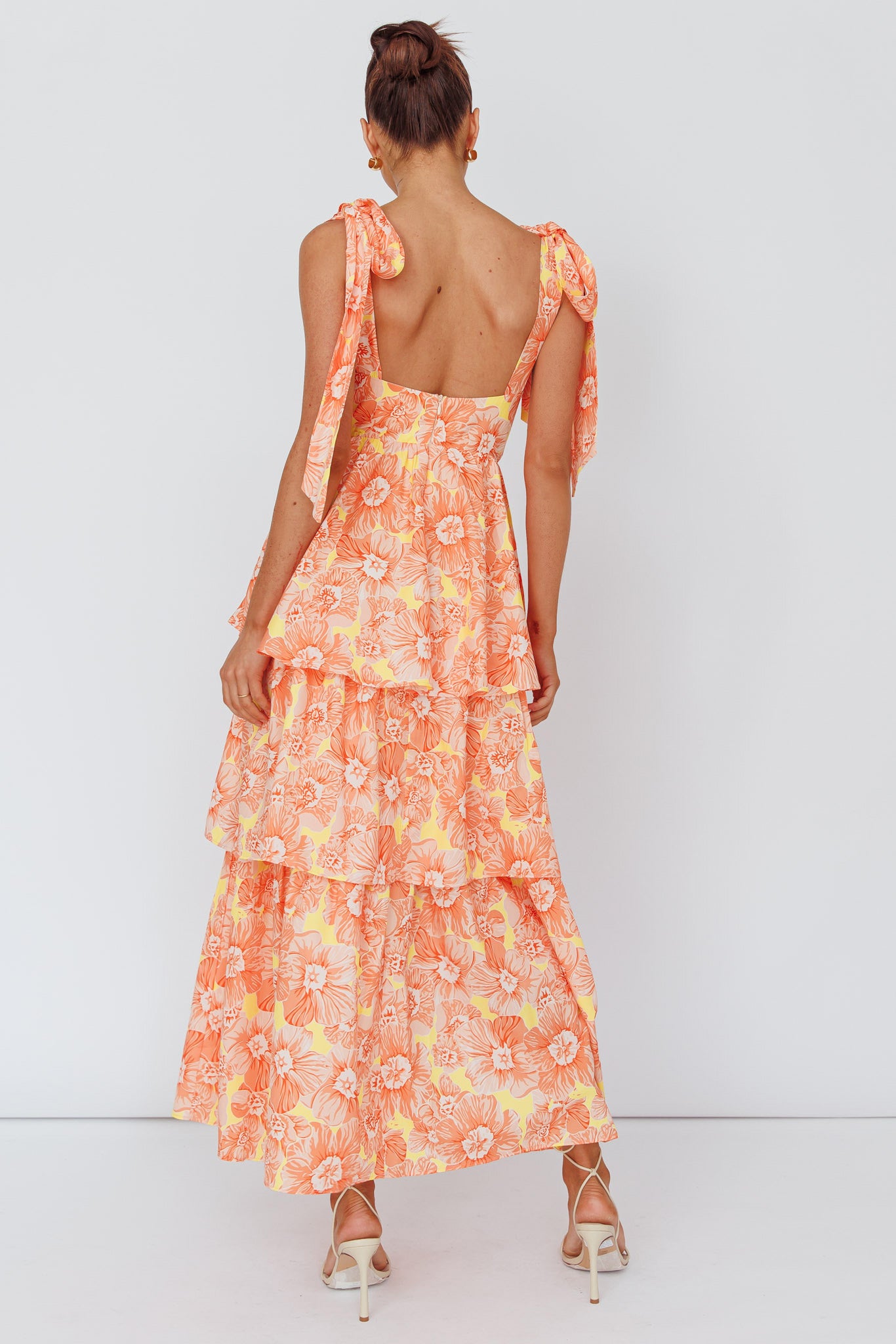 Arlowe Tied Shoulder Tiered Midi Dress Floral Orange-Fable Dress