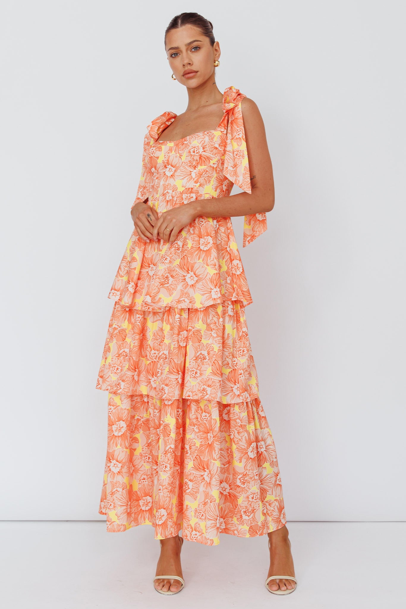 Arlowe Tied Shoulder Tiered Midi Dress Floral Orange-Fable Dress