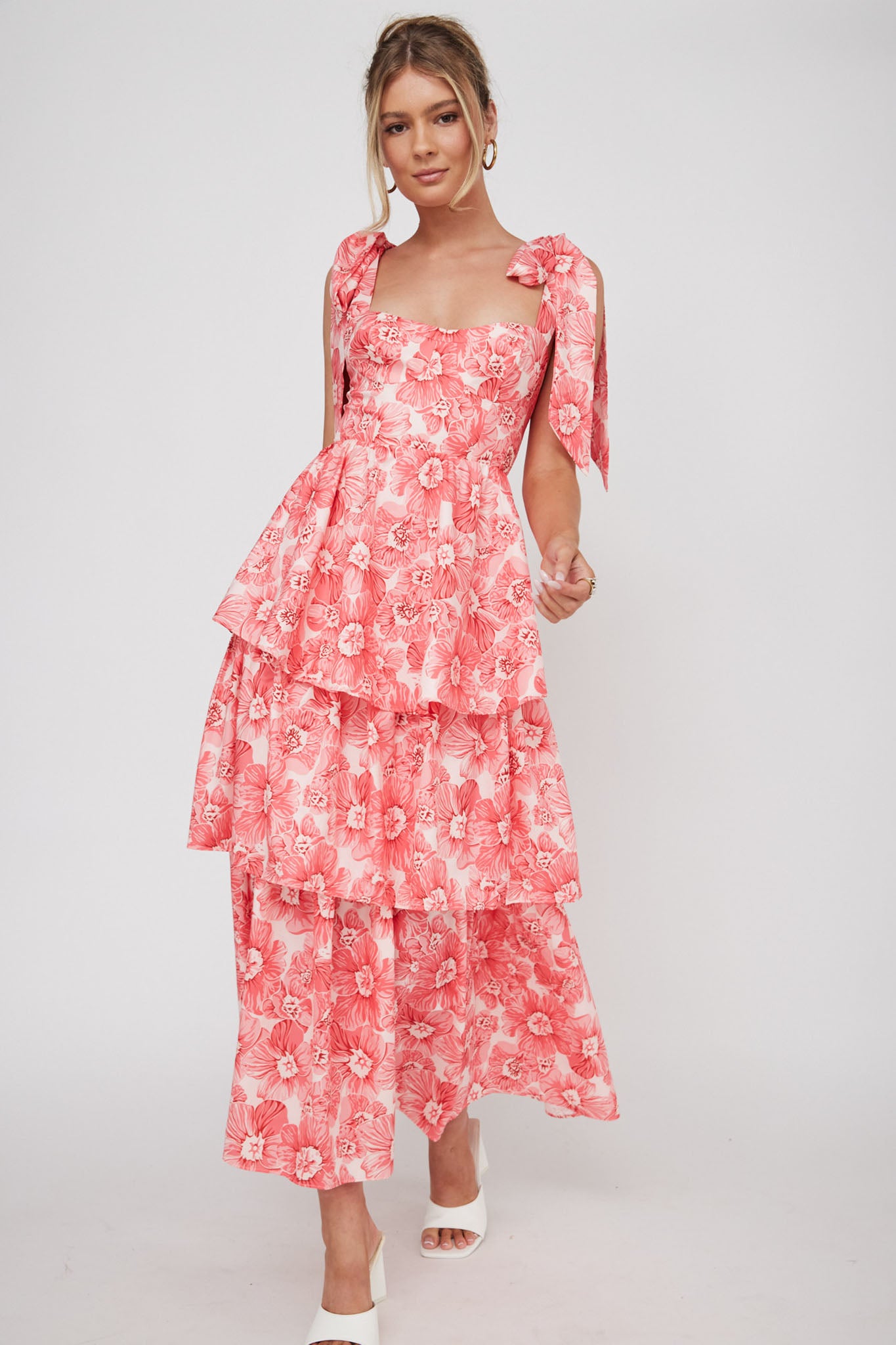 Arlowe Tied Shoulder Tiered Midi Dress Floral Pink-Fable Dress