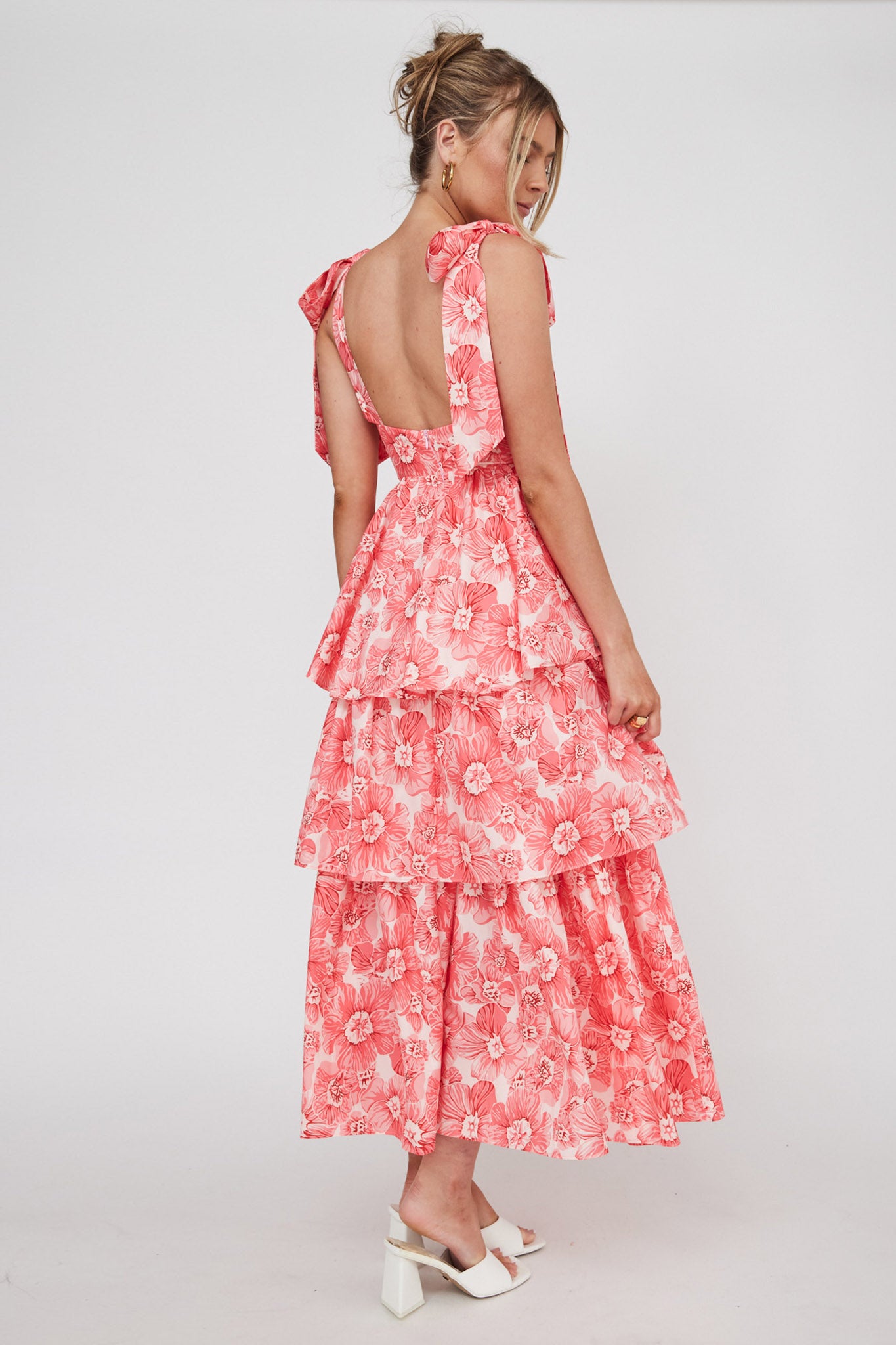 Arlowe Tied Shoulder Tiered Midi Dress Floral Pink-Fable Dress