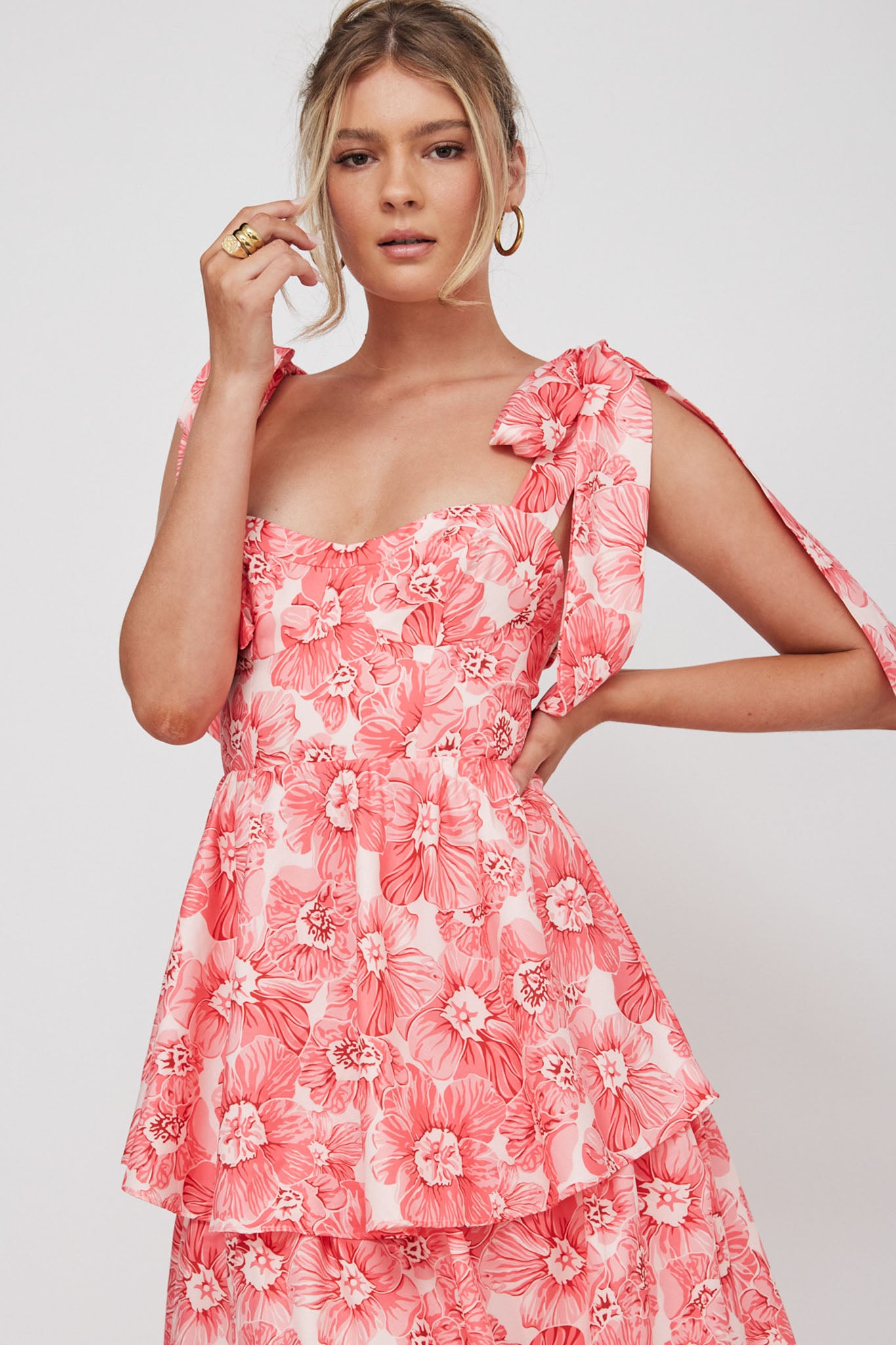 Arlowe Tied Shoulder Tiered Midi Dress Floral Pink-Fable Dress