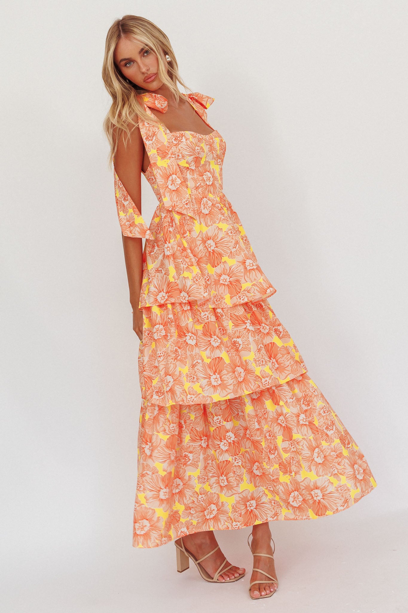 Arlowe Tied Shoulder Tiered Midi Dress Floral Orange-Fable Dress