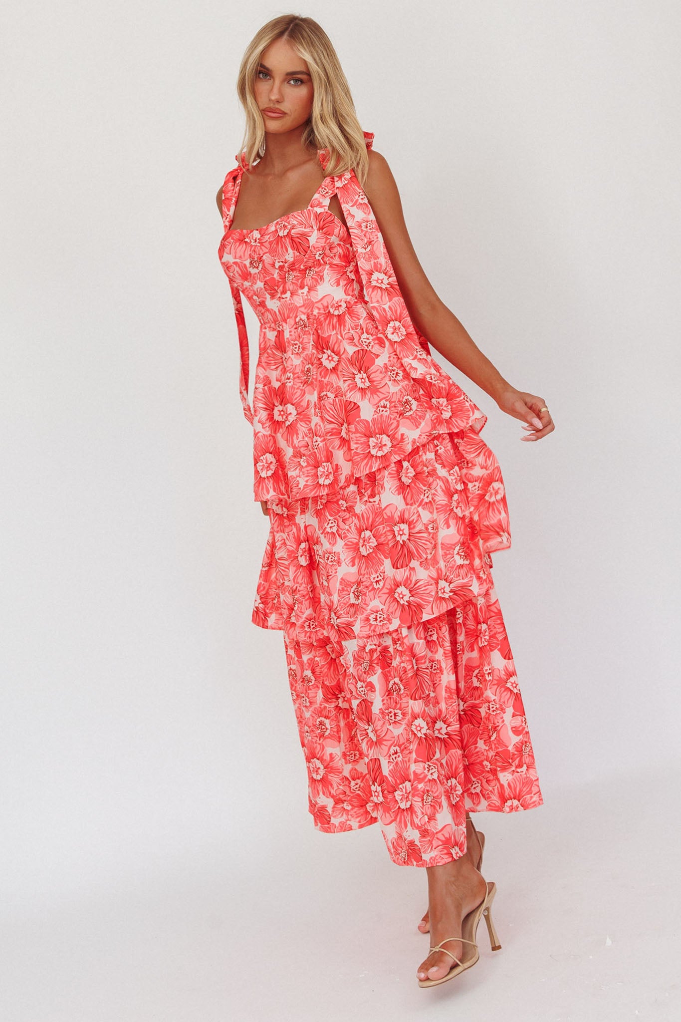 Arlowe Tied Shoulder Tiered Midi Dress Floral Pink-Fable Dress