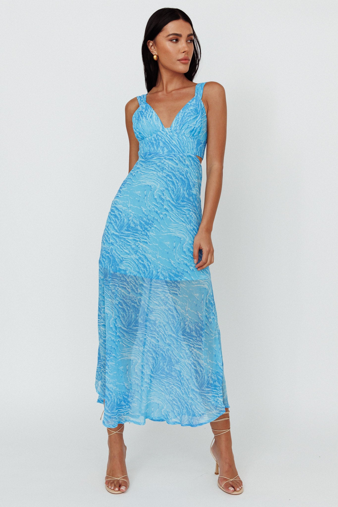 Willa Tie Back Midi Dress Print Blue-Fable Dress