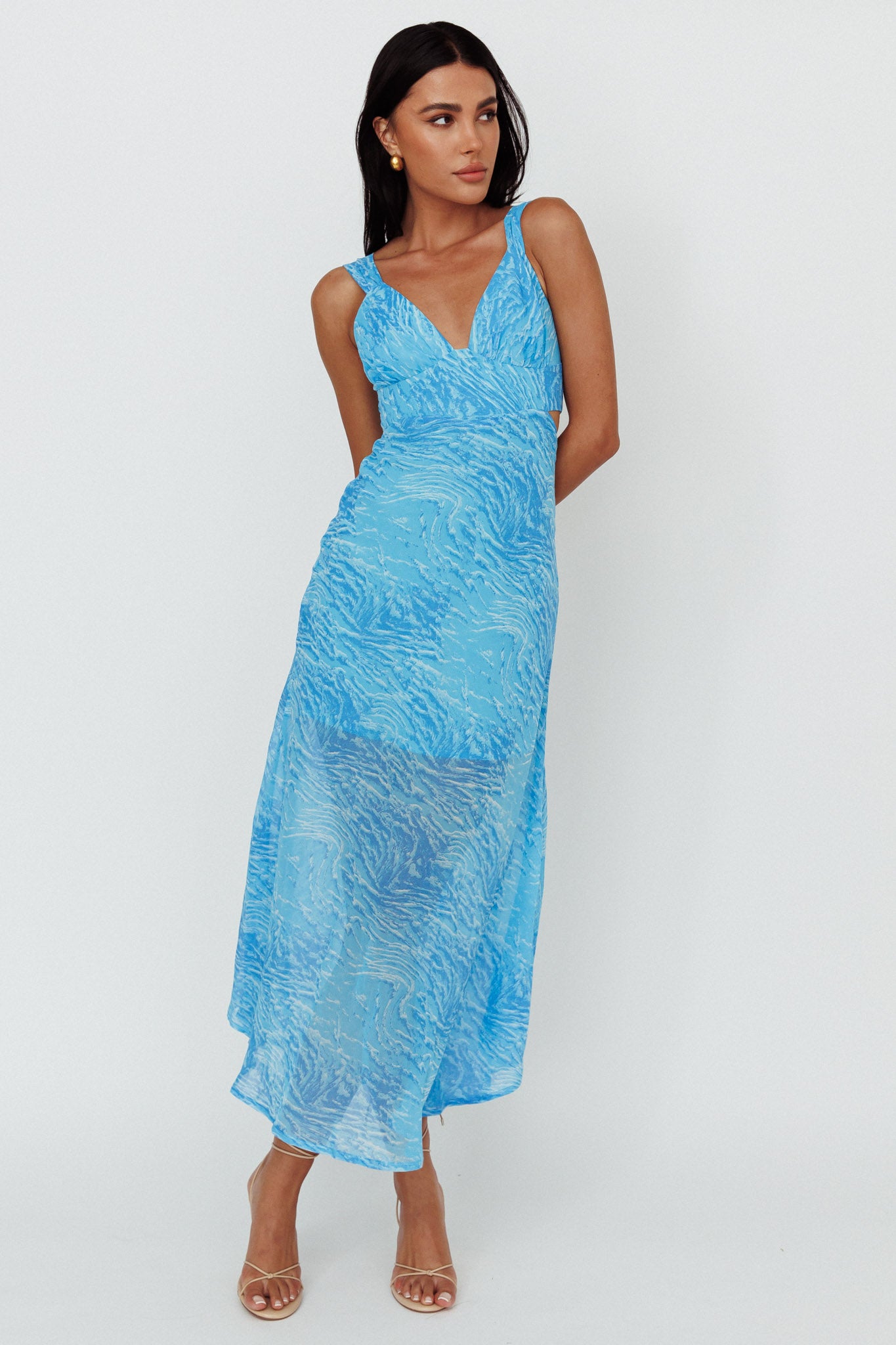 Willa Tie Back Midi Dress Print Blue-Fable Dress