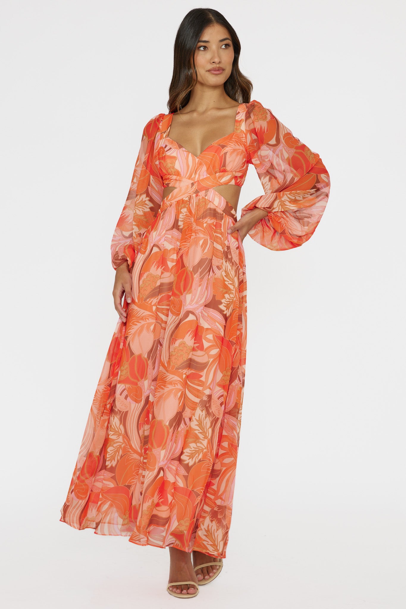 Maura Long Sleeve Lace-Up Back Dress Floral Orange-Fable Dress