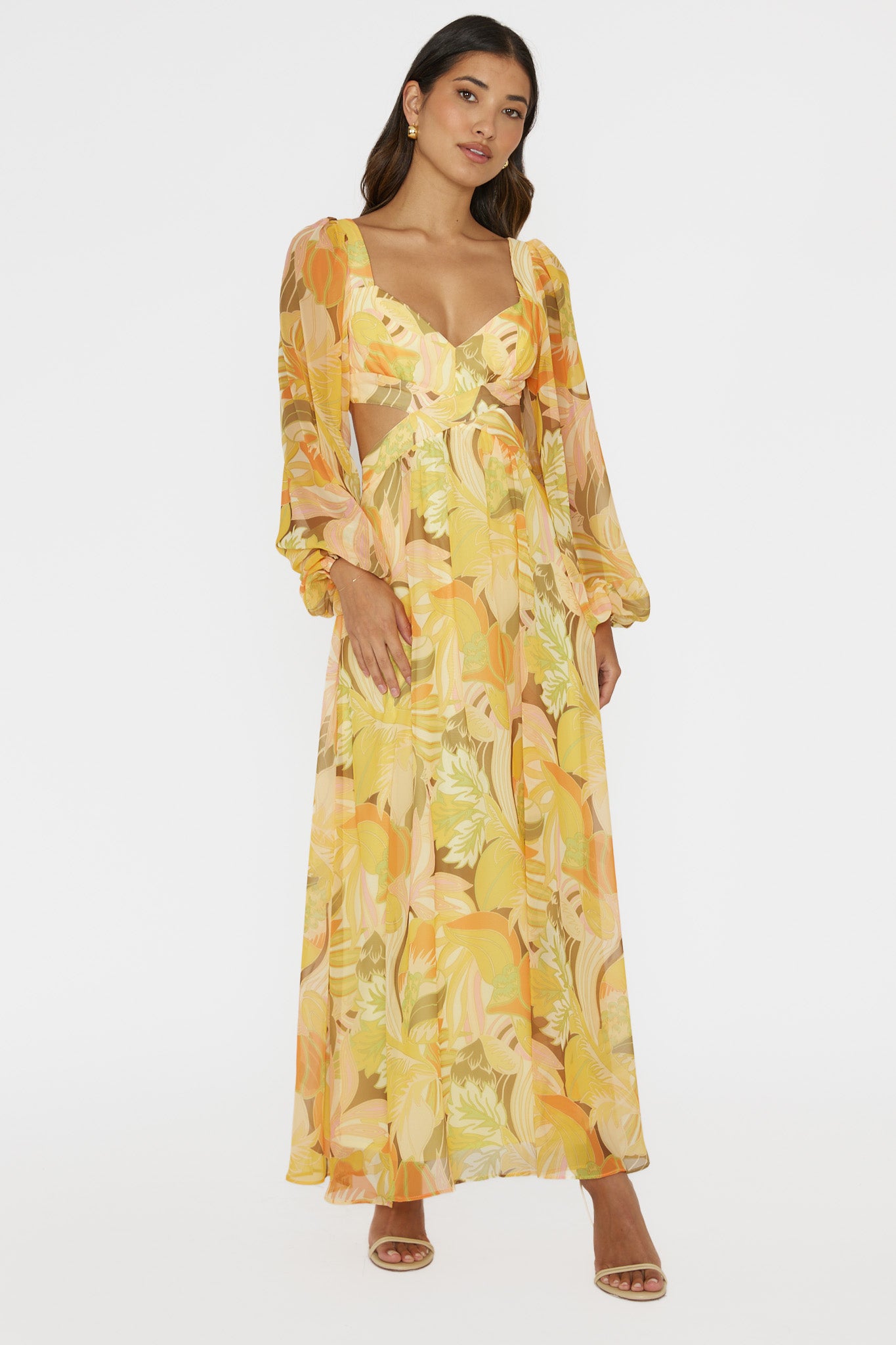 Maura Long Sleeve Lace-Up Back Dress Floral Yellow-Fable Dress