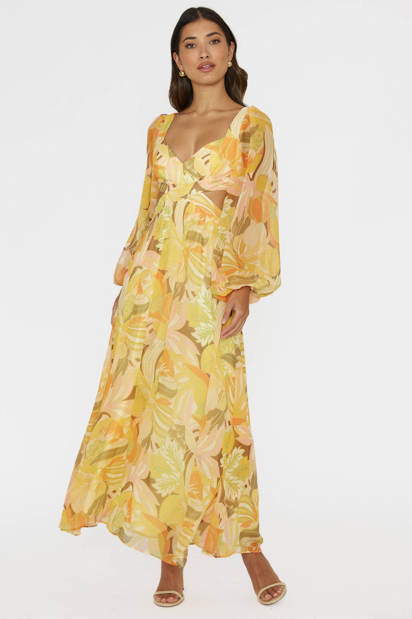 Maura Long Sleeve Lace-Up Back Dress Floral Yellow-Fable Dress