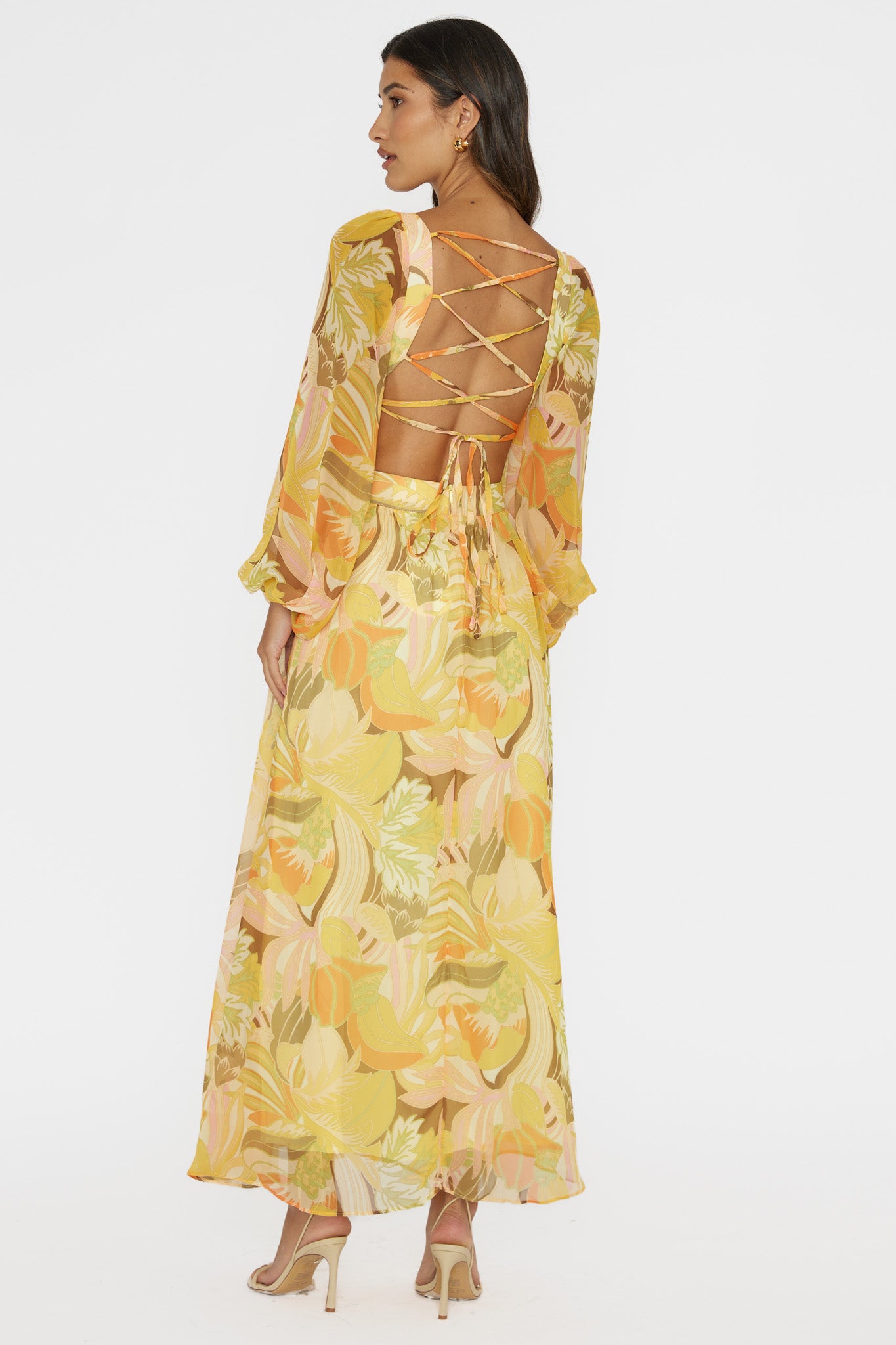 Maura Long Sleeve Lace-Up Back Dress Floral Yellow-Fable Dress