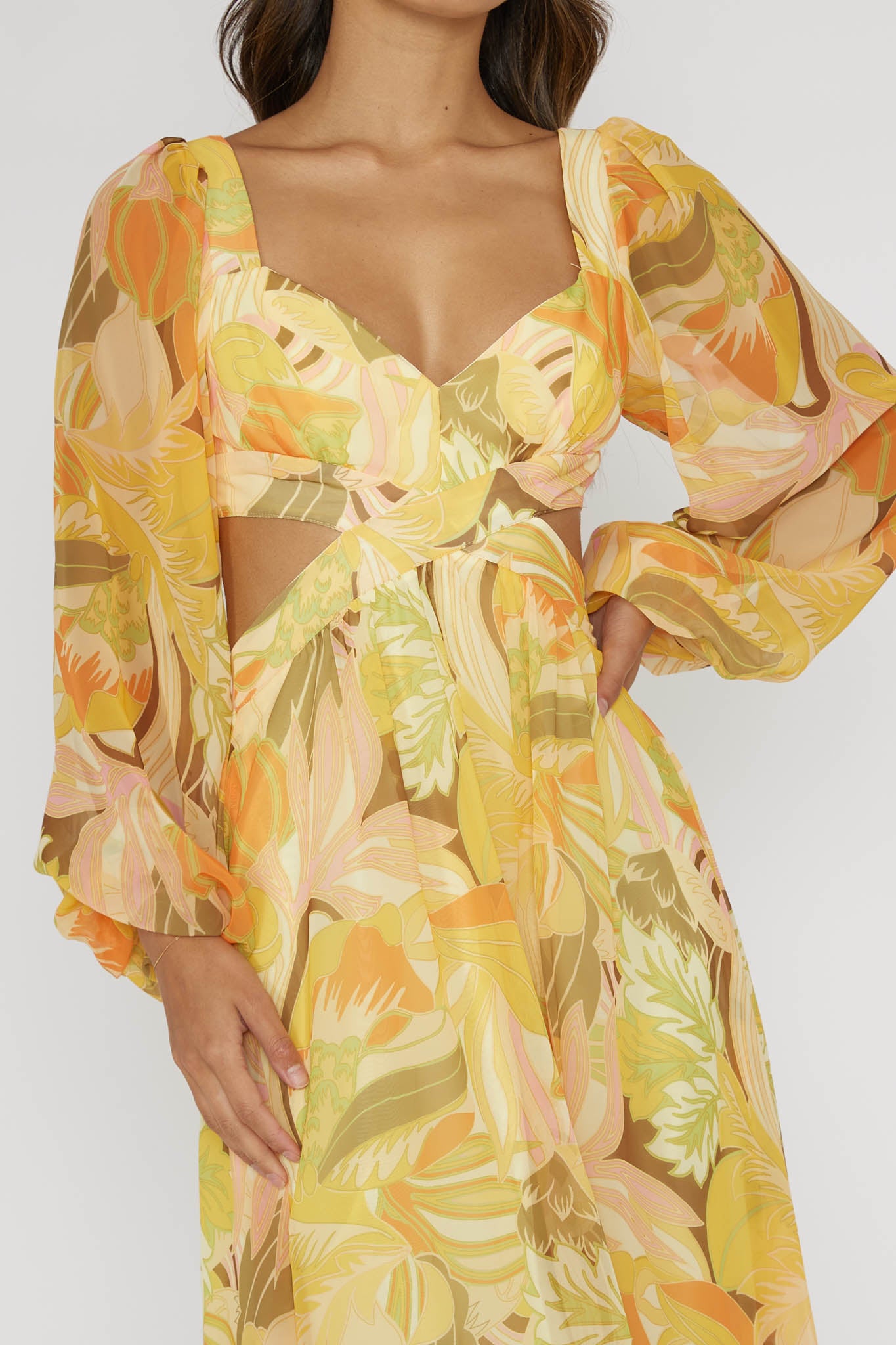 Maura Long Sleeve Lace-Up Back Dress Floral Yellow-Fable Dress