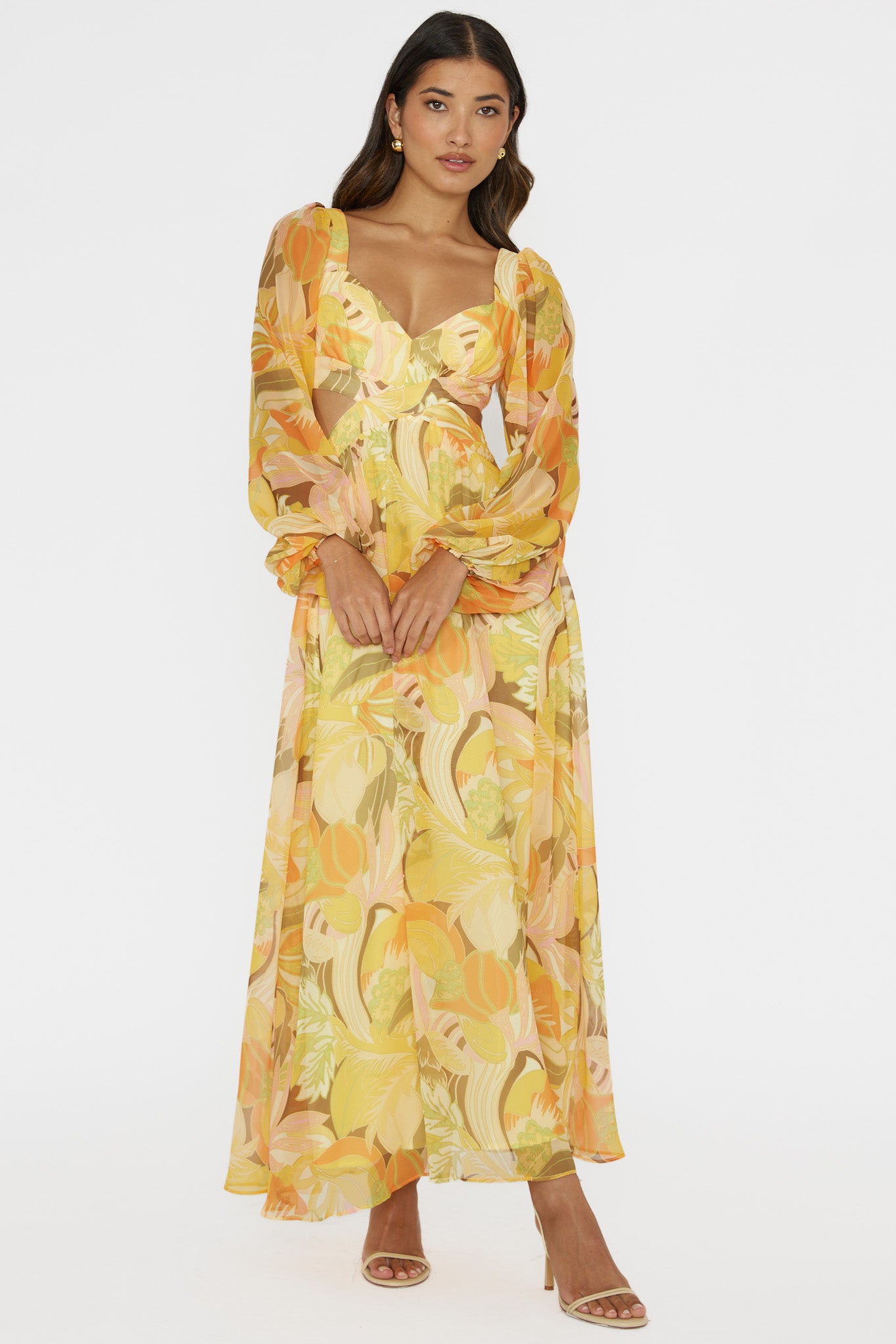 Maura Long Sleeve Lace-Up Back Dress Floral Yellow-Fable Dress