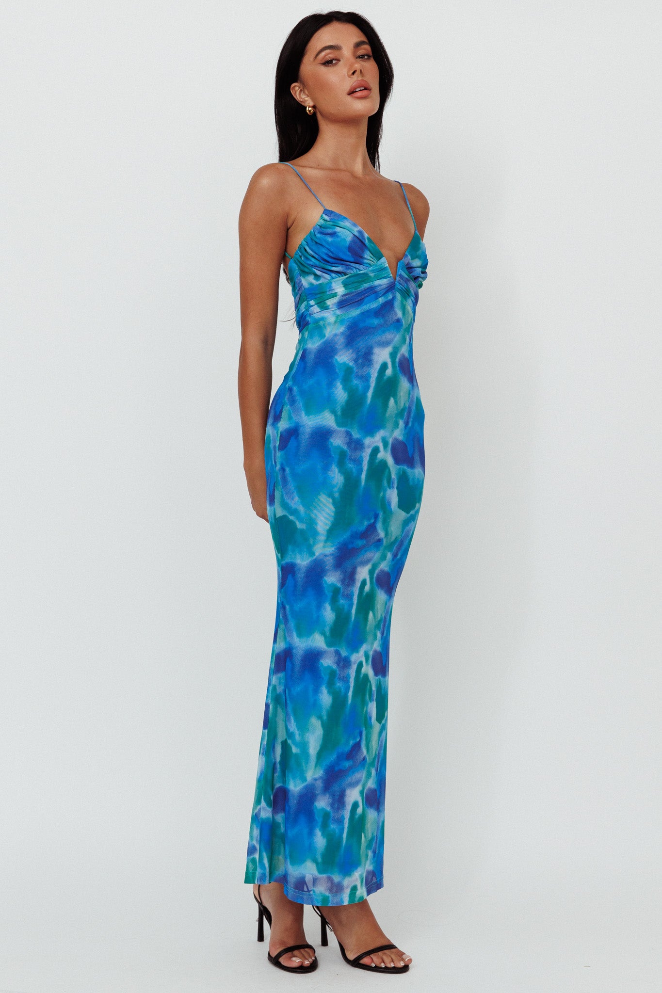 Marrakesh Gathered Bust Maxi Dress Print Blue-Fable Dress