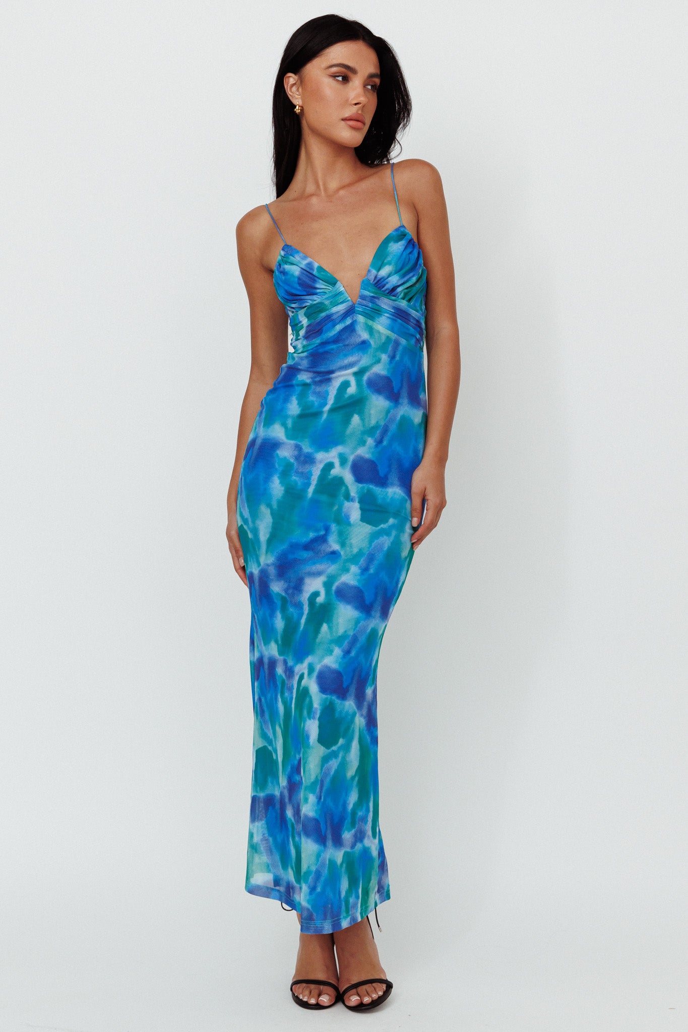 Marrakesh Gathered Bust Maxi Dress Print Blue-Fable Dress