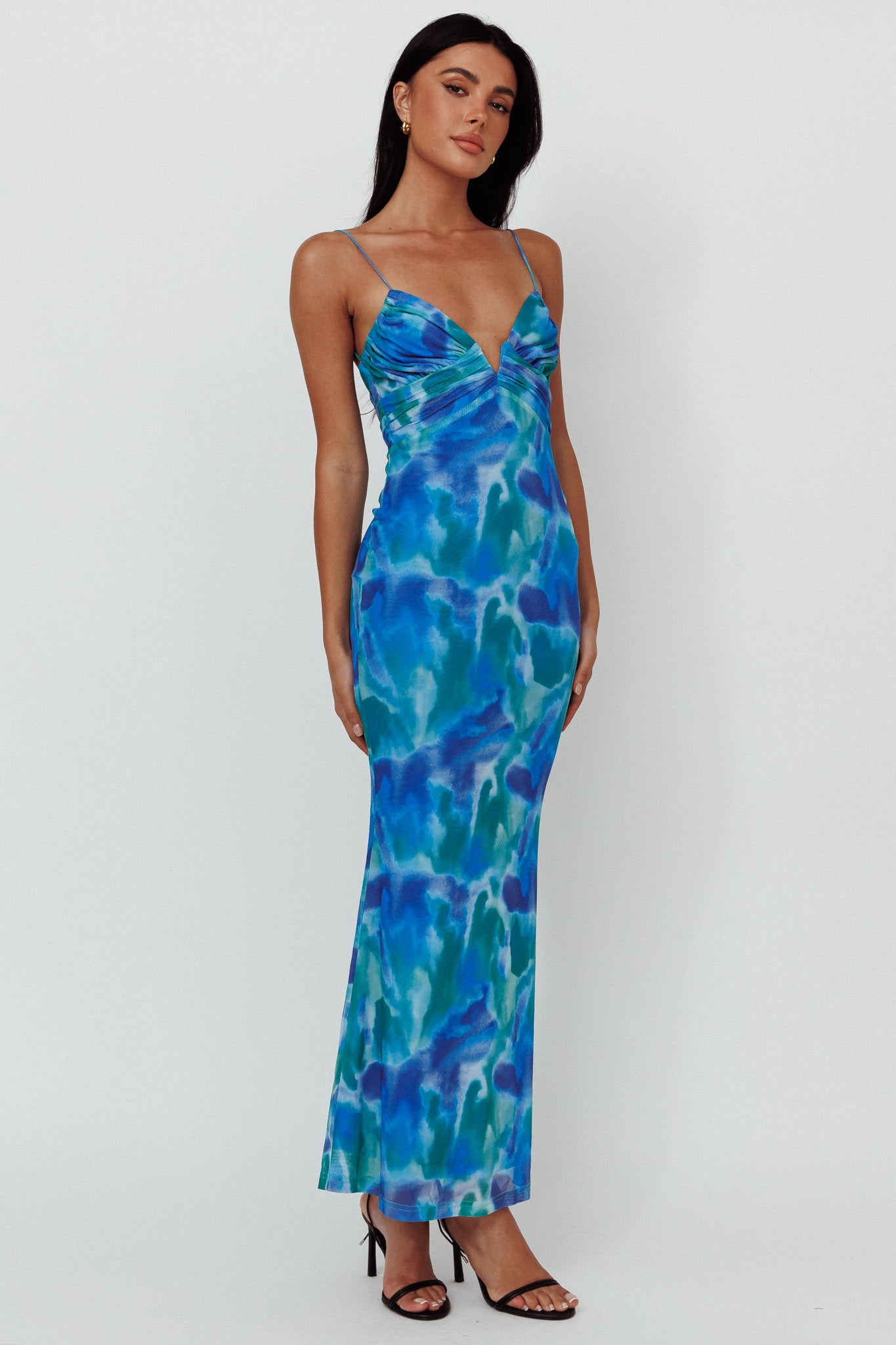Marrakesh Gathered Bust Maxi Dress Print Blue-Fable Dress