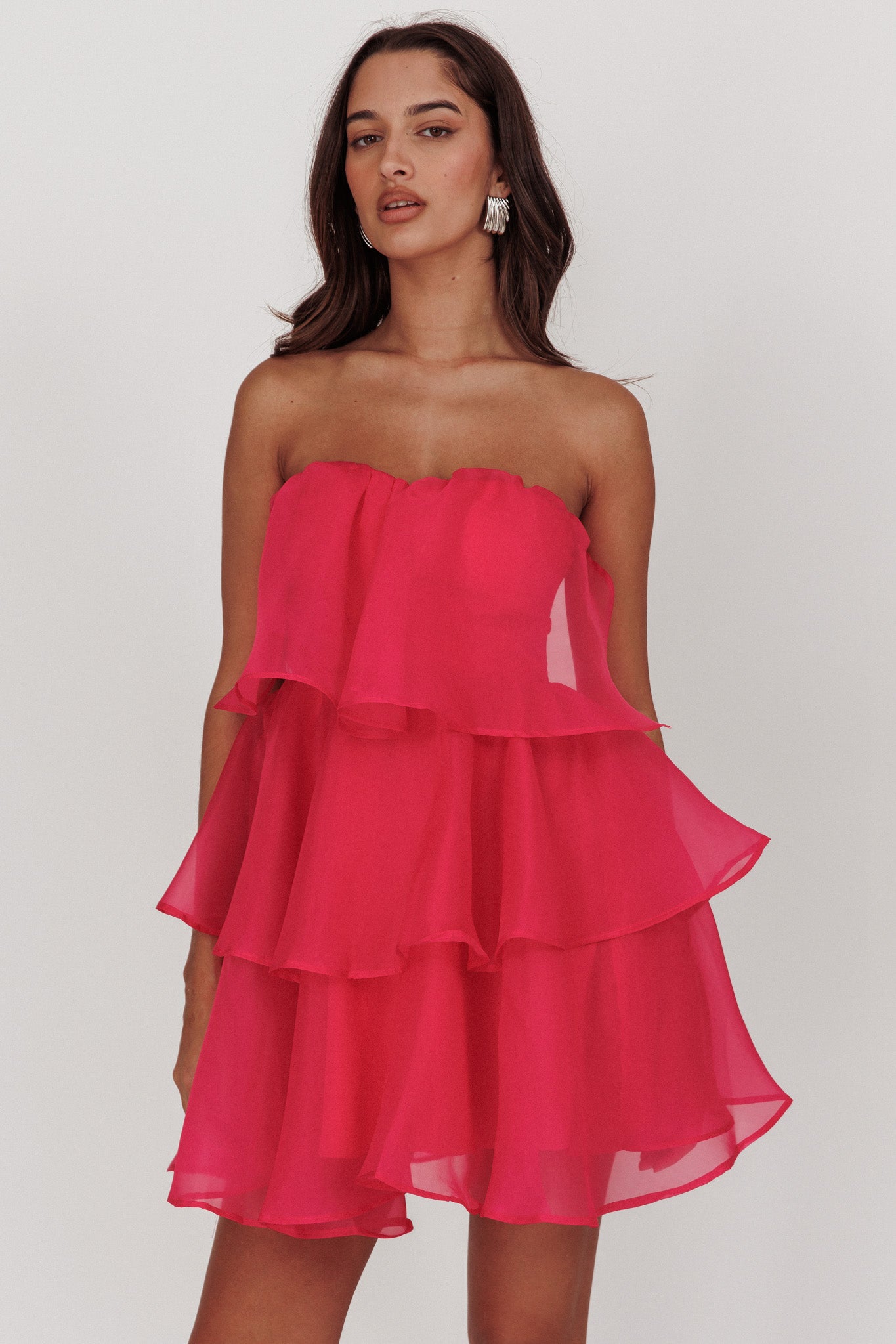 Behati Tiered Layer Mini Dress Hot Pink-Fable Dress