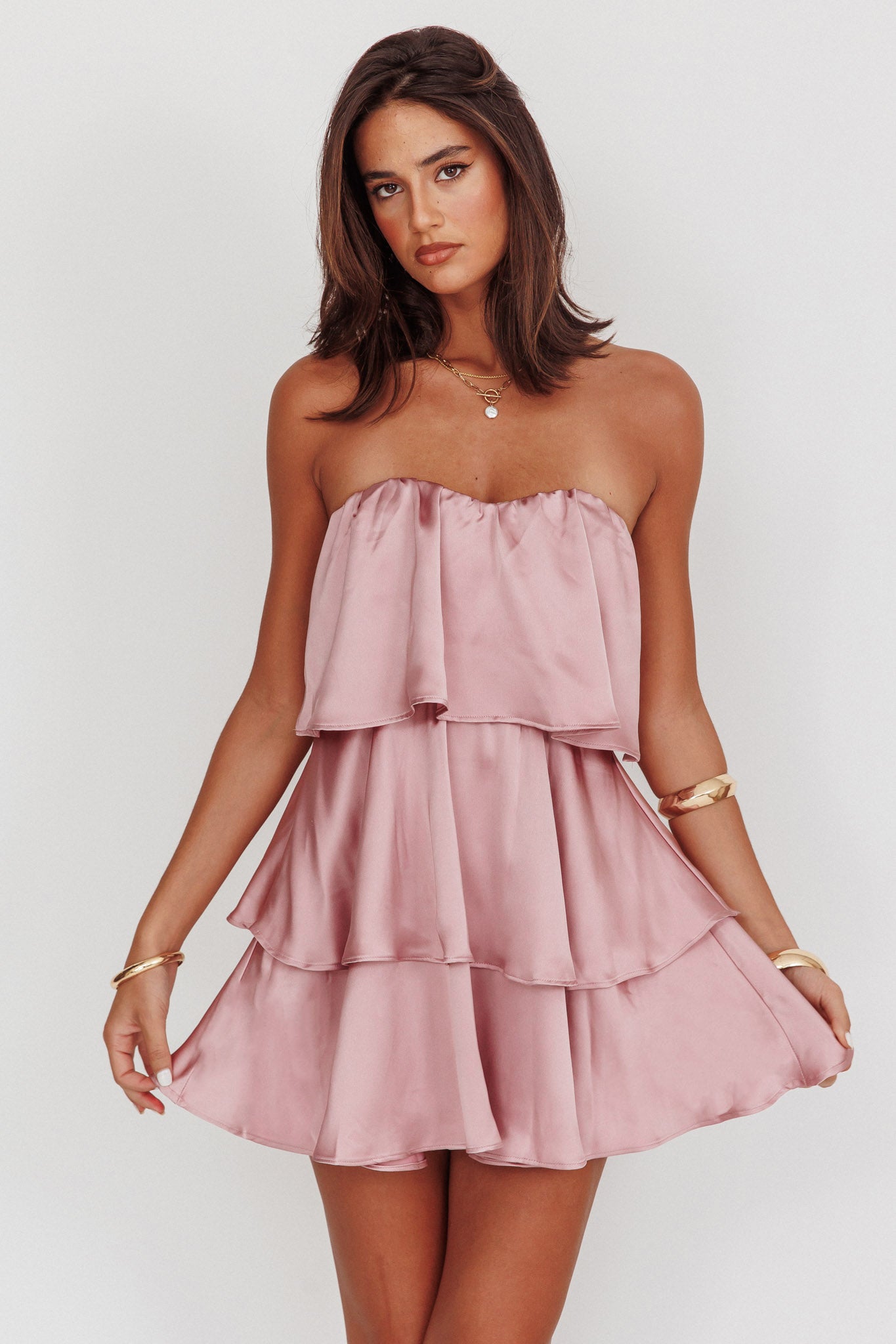 Behati Tiered Layer Strapless Dress Dusty Rose-Fable Dress