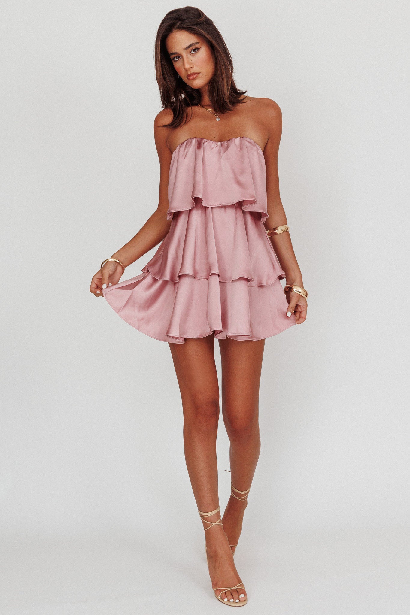 Behati Tiered Layer Strapless Dress Dusty Rose-Fable Dress
