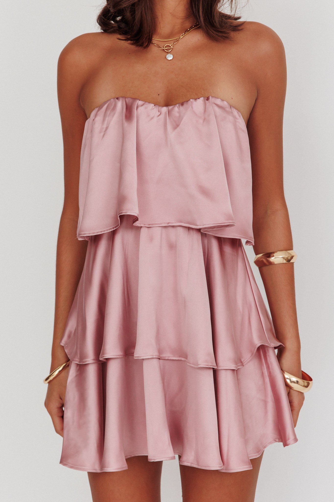 Behati Tiered Layer Strapless Dress Dusty Rose-Fable Dress