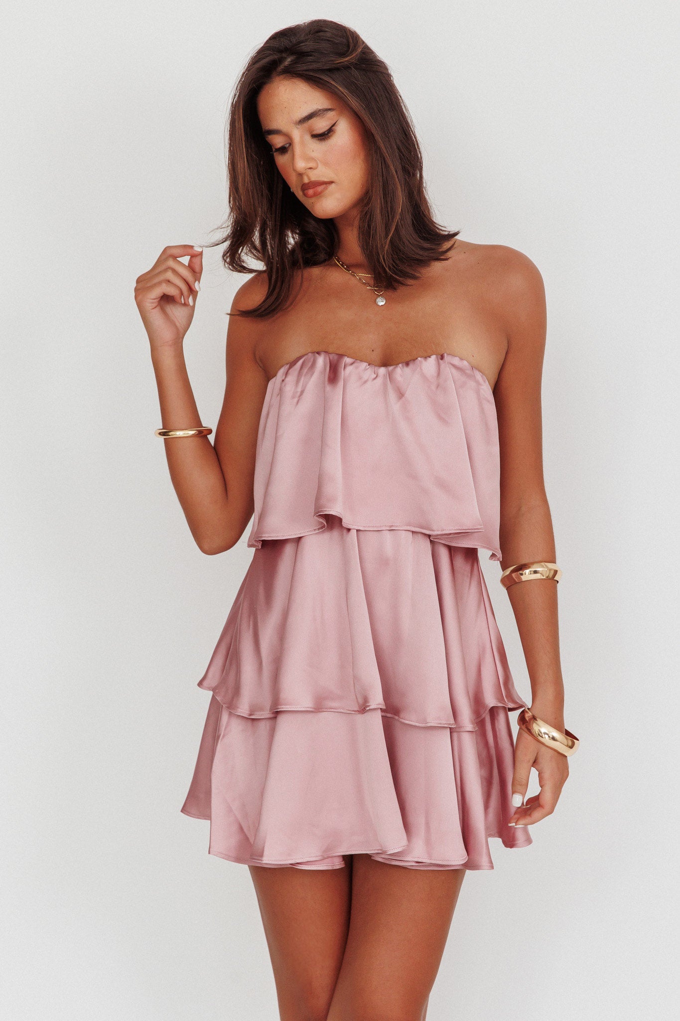 Behati Tiered Layer Strapless Dress Dusty Rose-Fable Dress