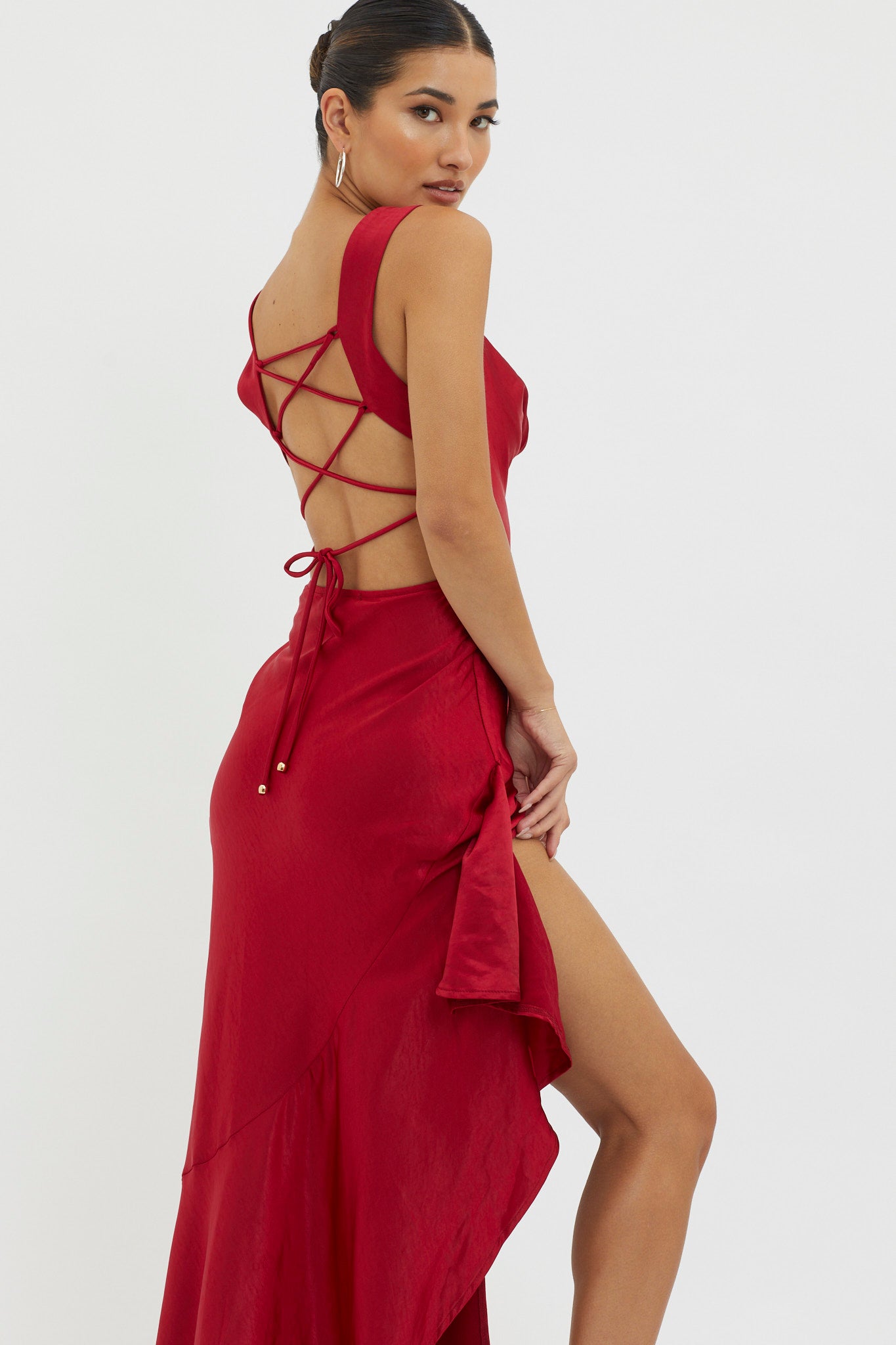 Ellianna Lace-Up Back Maxi Dress Red-Fable Dress