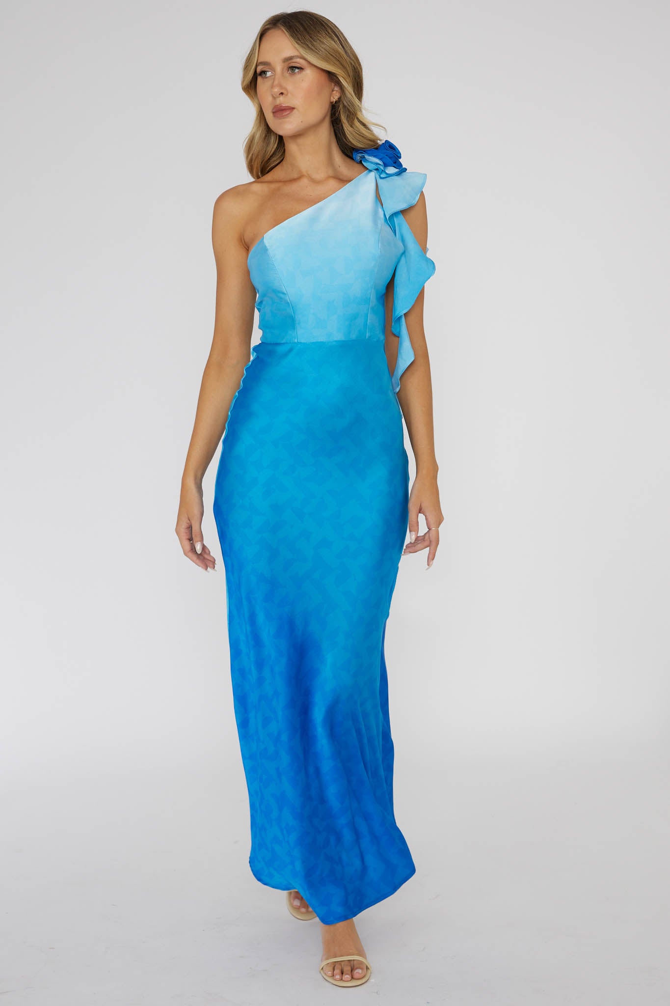 Mariyan One Shoulder Rose Maxi Dress Blue-Fable Dress