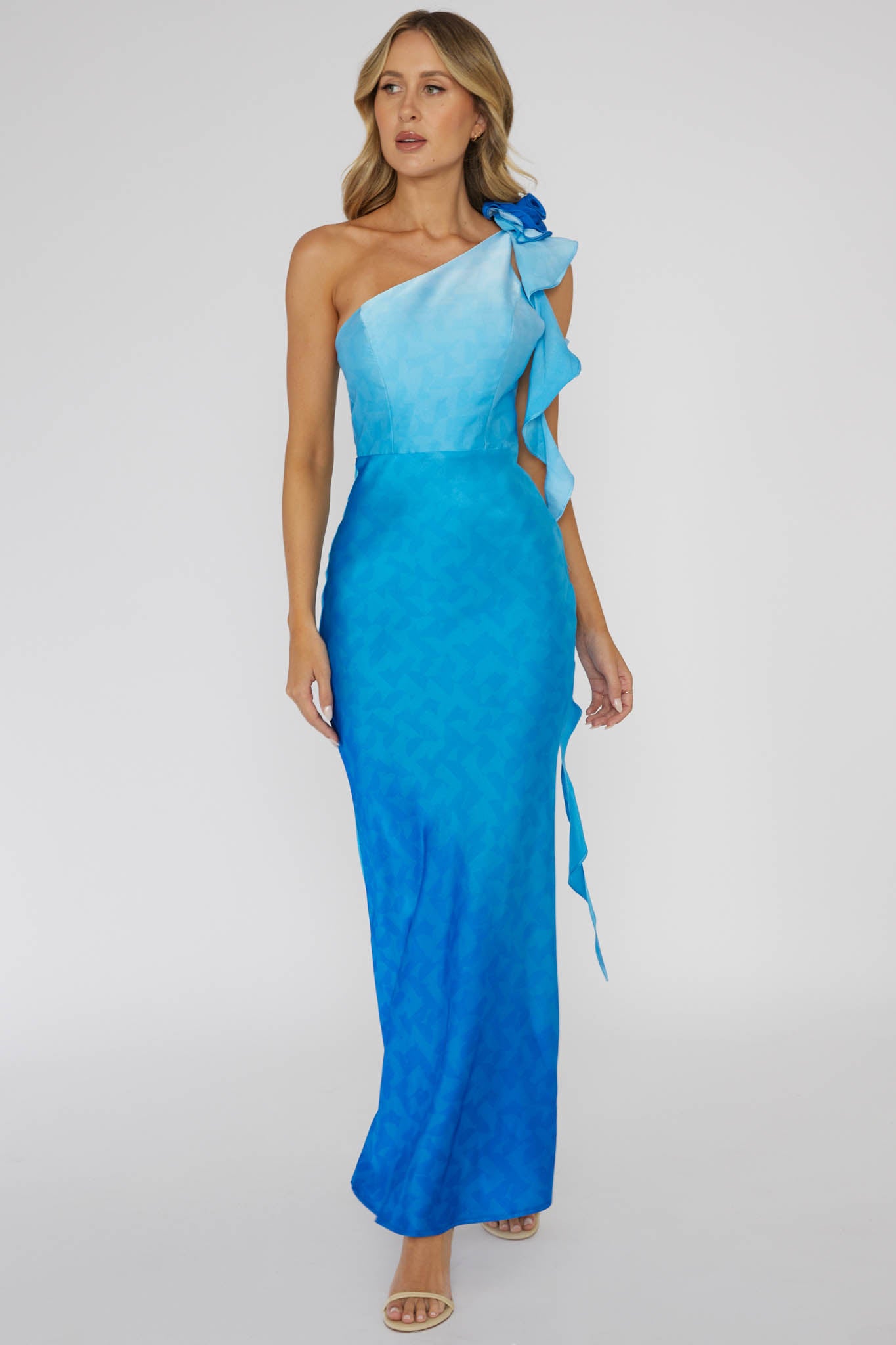 Mariyan One Shoulder Rose Maxi Dress Blue-Fable Dress