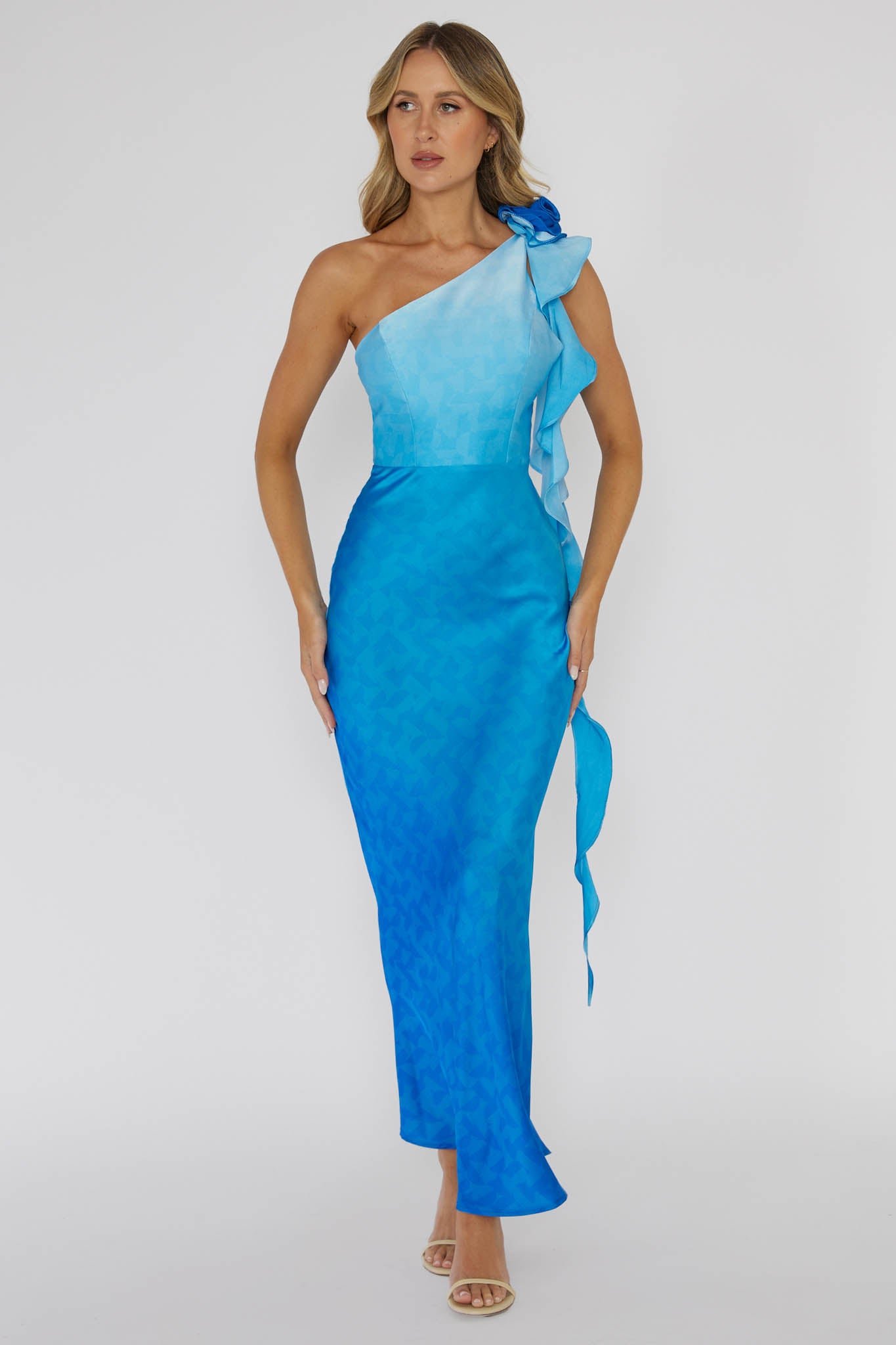 Mariyan One Shoulder Rose Maxi Dress Blue-Fable Dress