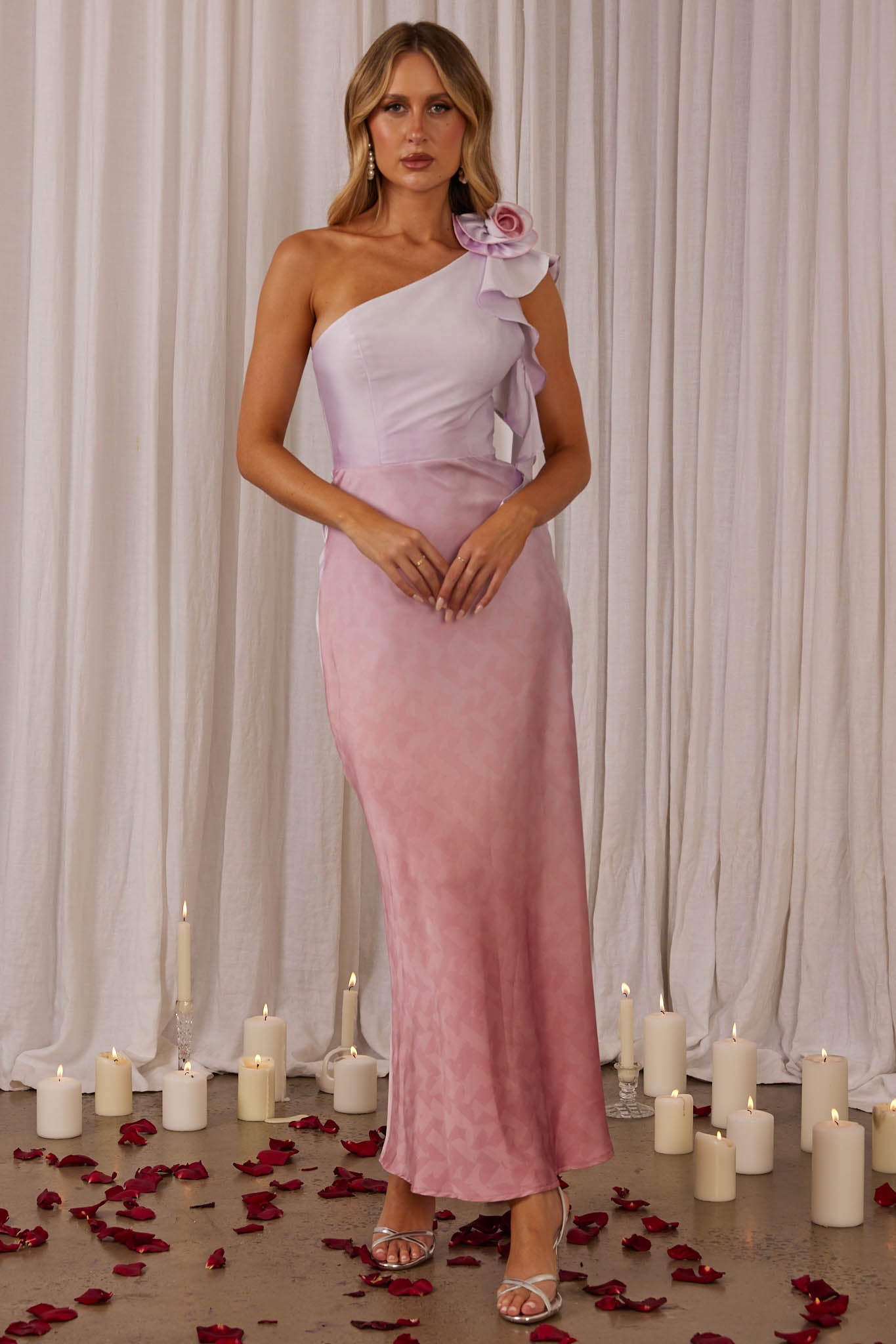 Mariyan One Shoulder Rose Maxi Dress Pink-Fable Dress