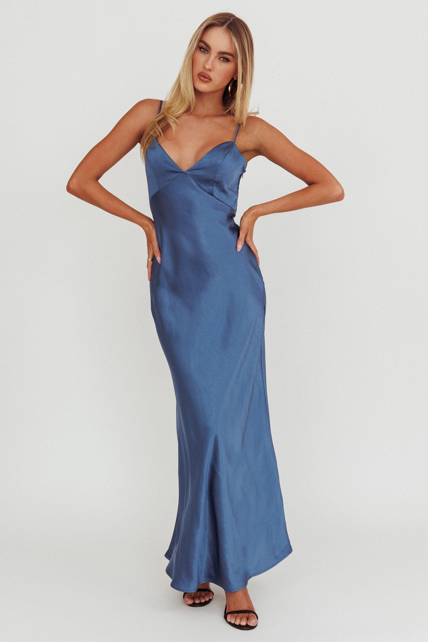 Ciao, Bella Tied Back Satin Maxi Dress Midnight Blue-Fable Dress