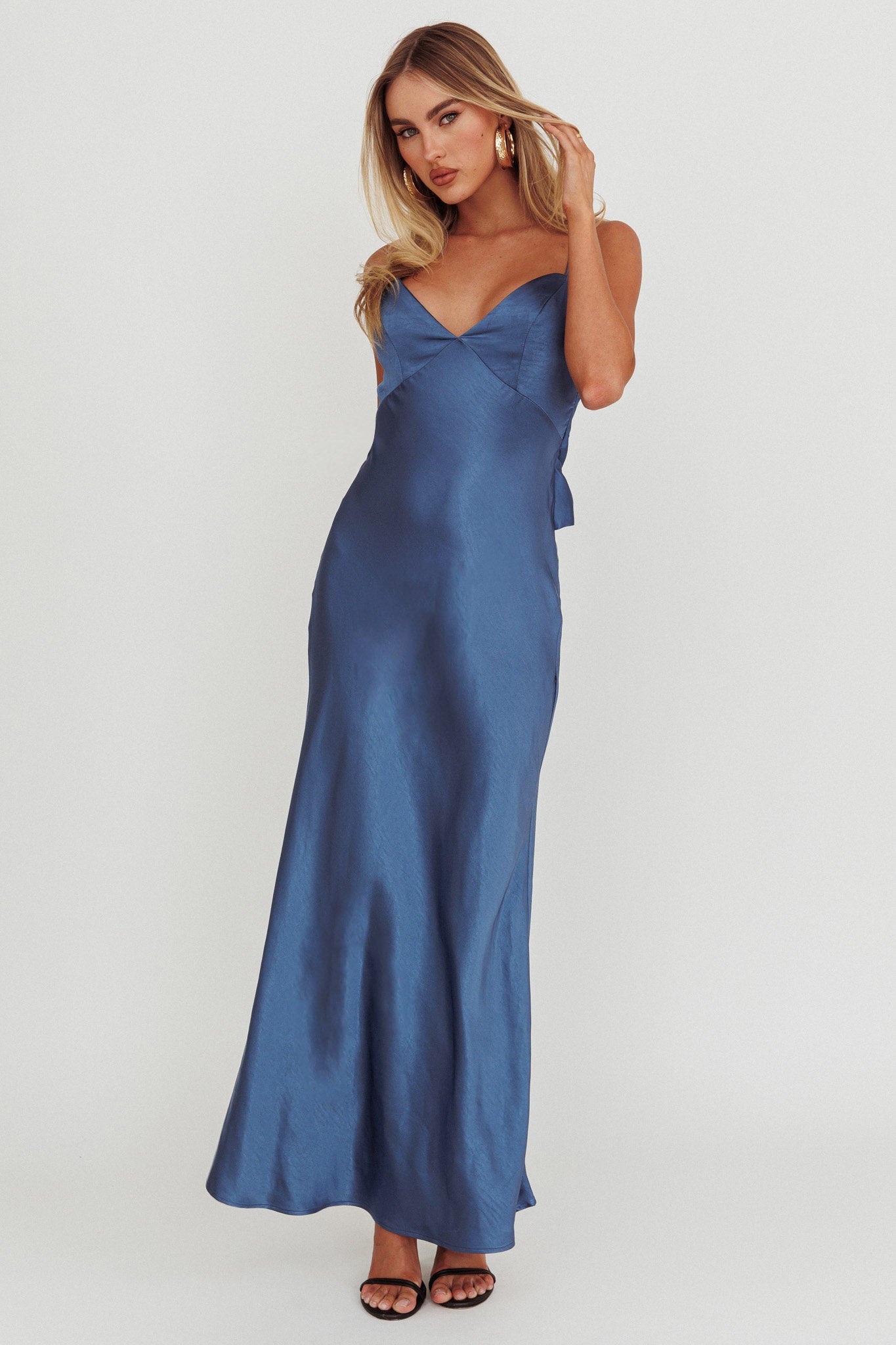 Ciao, Bella Tied Back Satin Maxi Dress Midnight Blue-Fable Dress