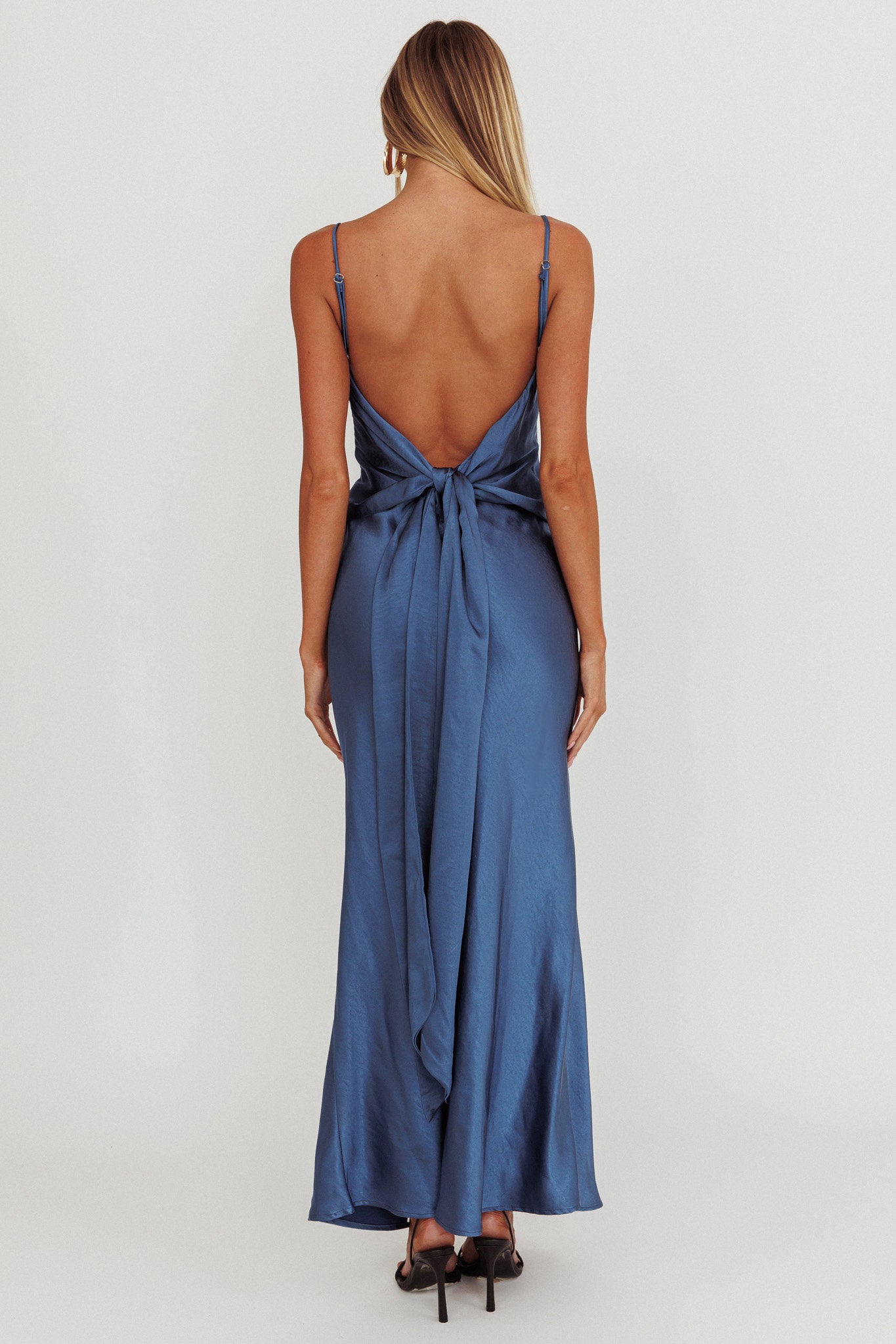Ciao, Bella Tied Back Satin Maxi Dress Midnight Blue-Fable Dress
