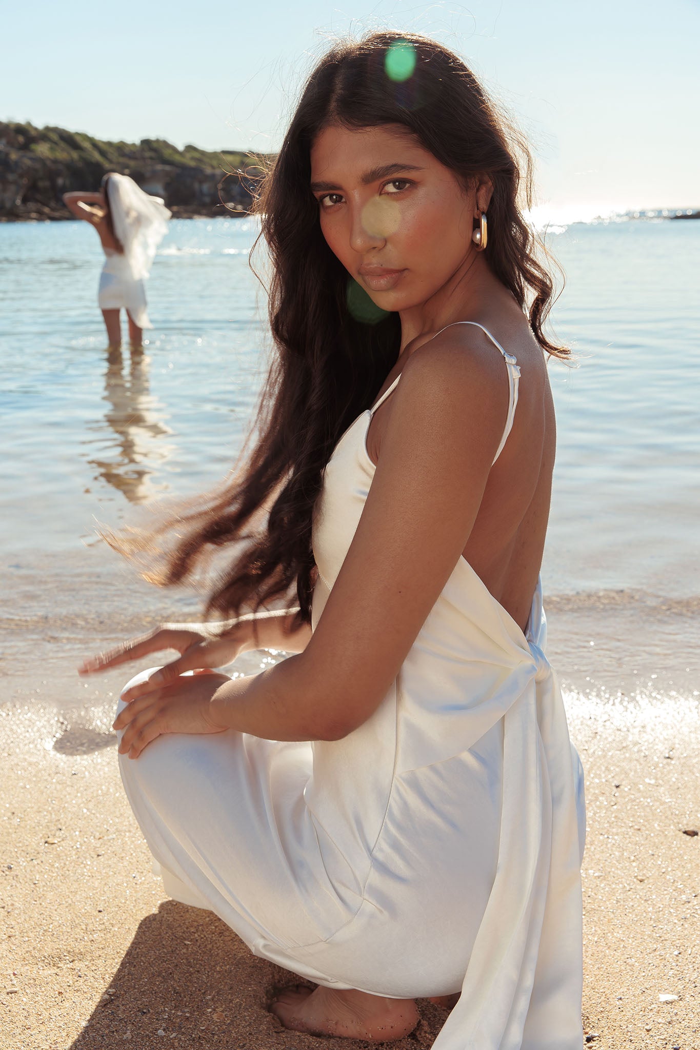 Ciao, Bella Tied Back Satin Maxi Dress Off White-Fable Dress