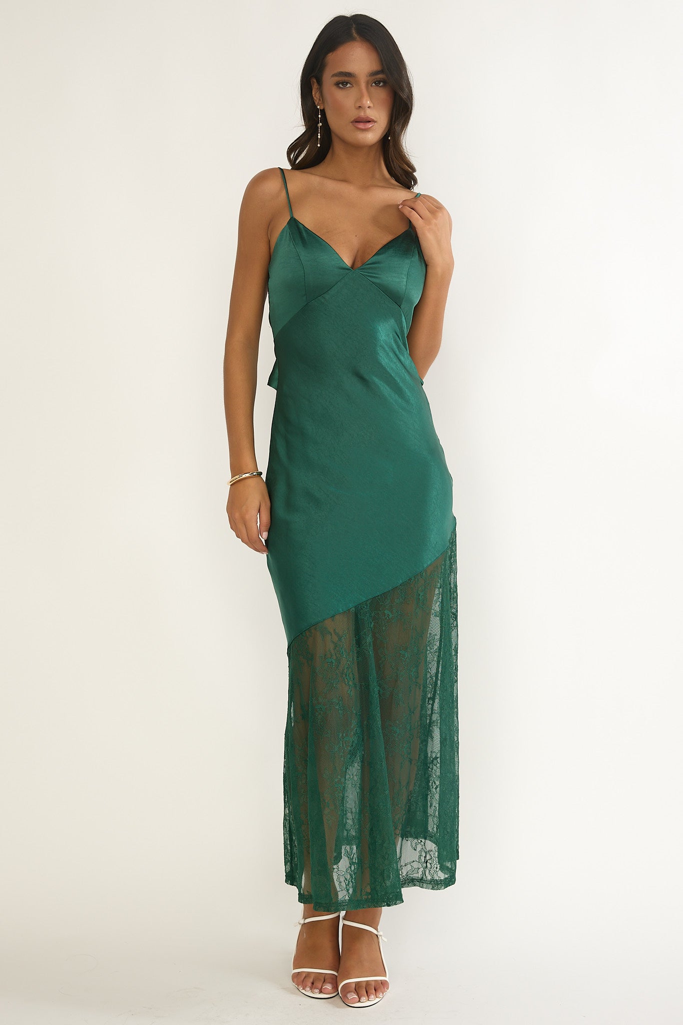 Ciao, Bella Tied Back Lace Hem Dress Forest Green-Fable Dress
