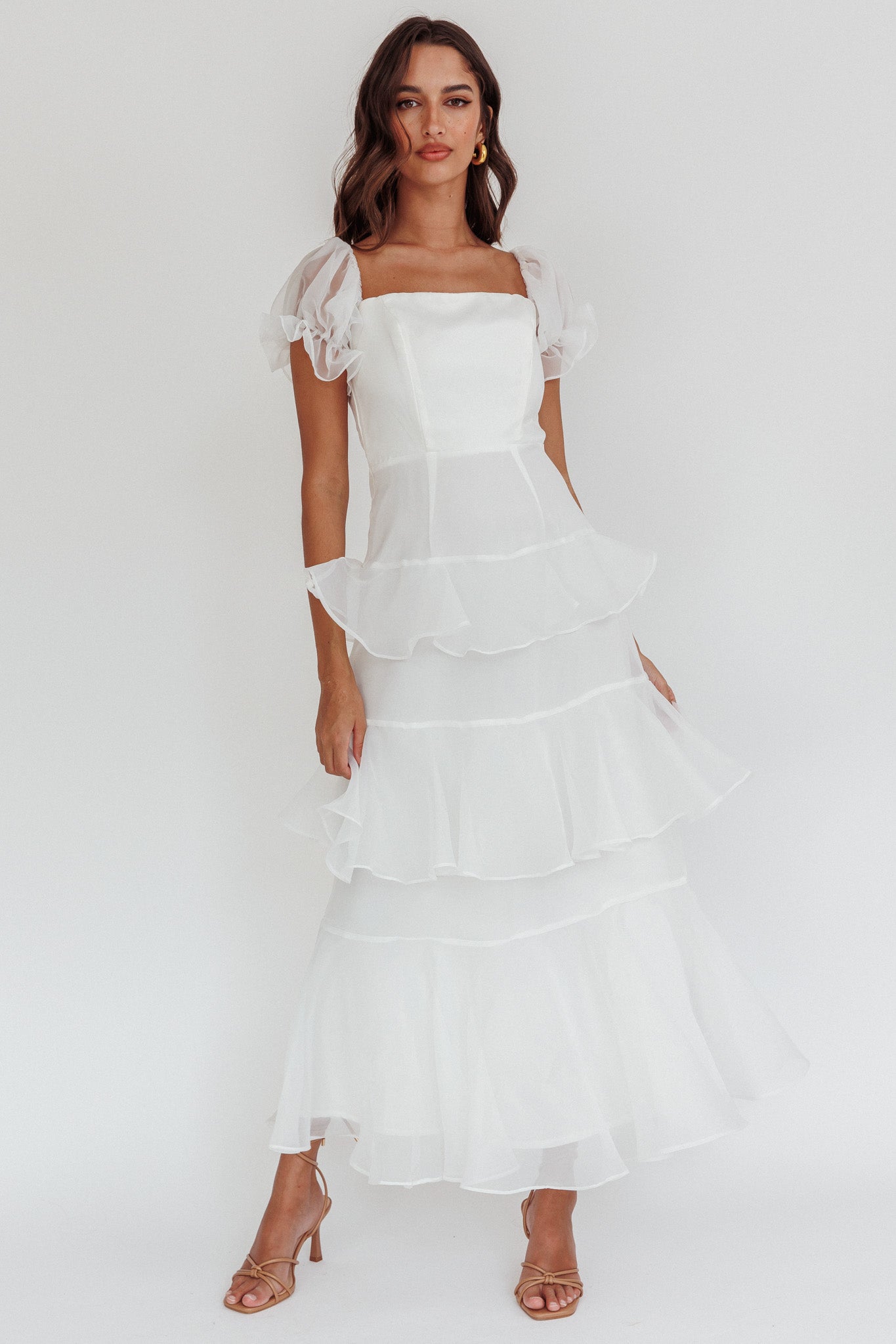 Delwynn Puff Sleeve Layered Midi Dress White-Fable Dress