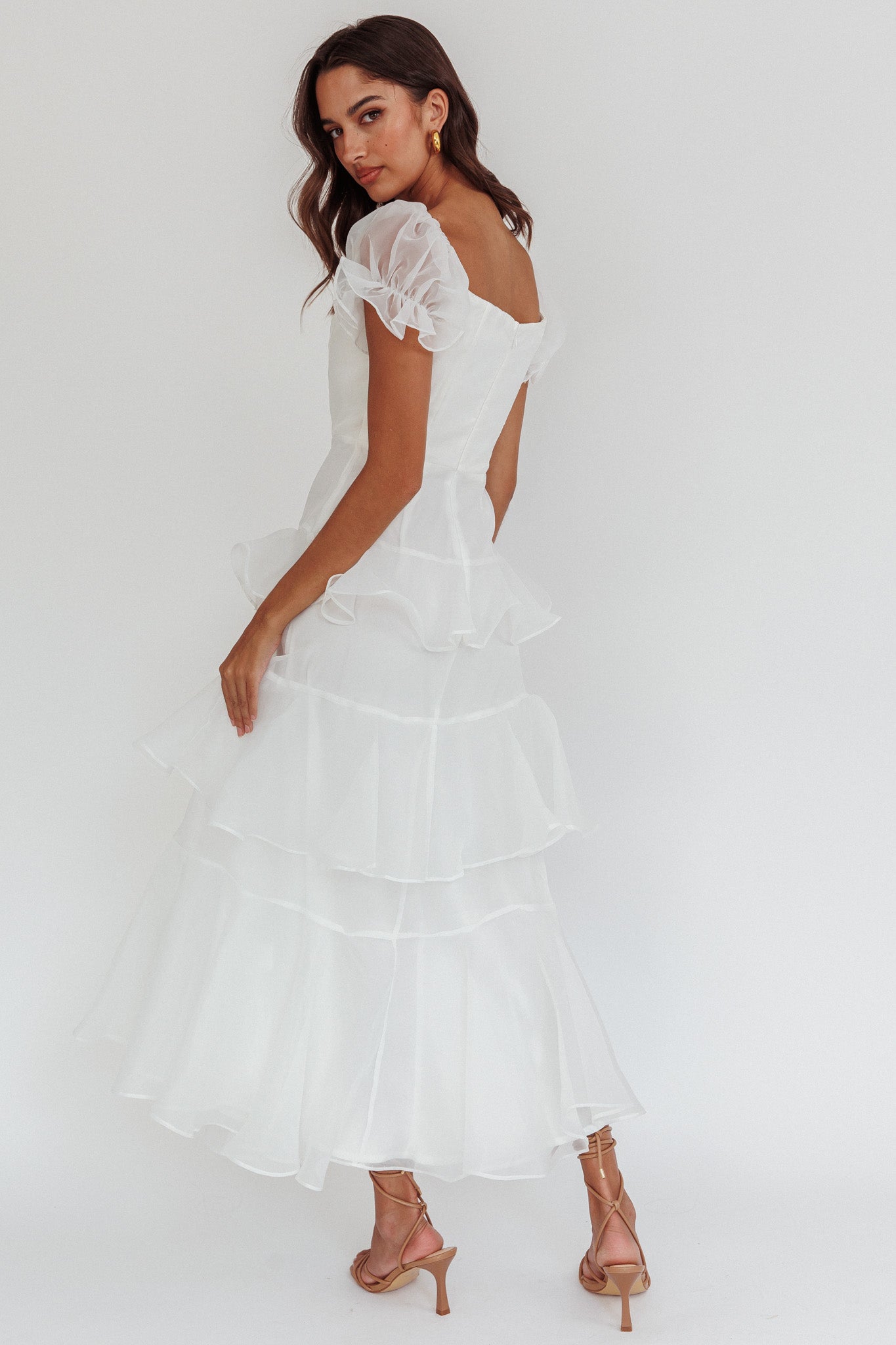 Delwynn Puff Sleeve Layered Midi Dress White-Fable Dress