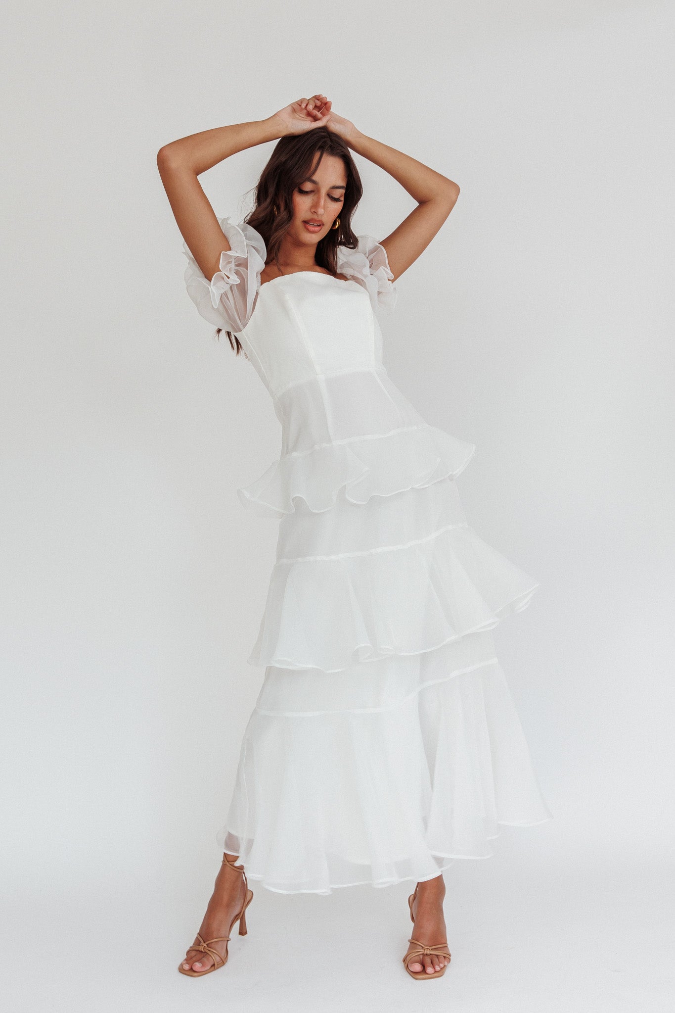 Delwynn Puff Sleeve Layered Midi Dress White-Fable Dress