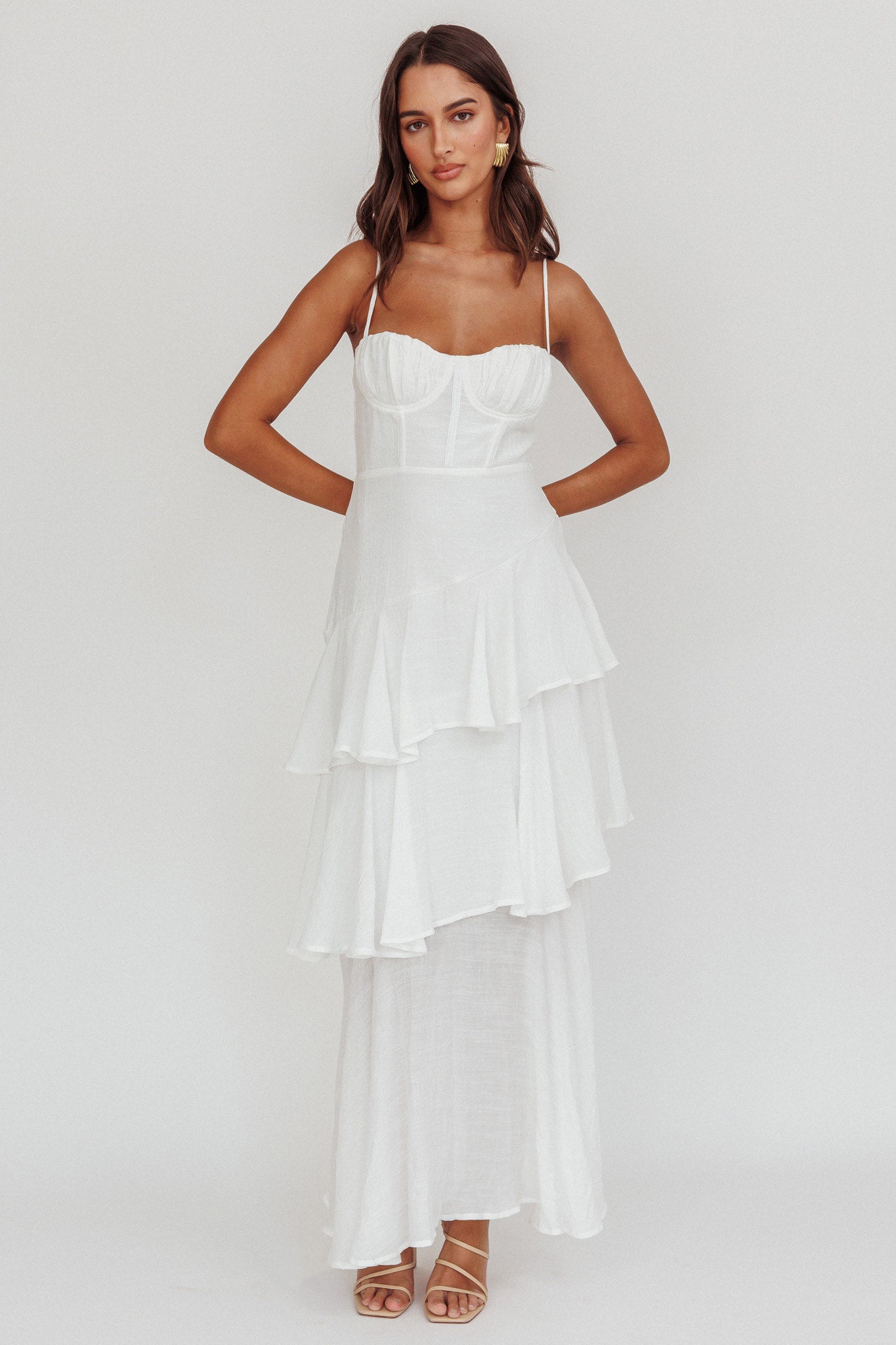 Madrid Tiered Ruffle Maxi Dress White-Fable Dress