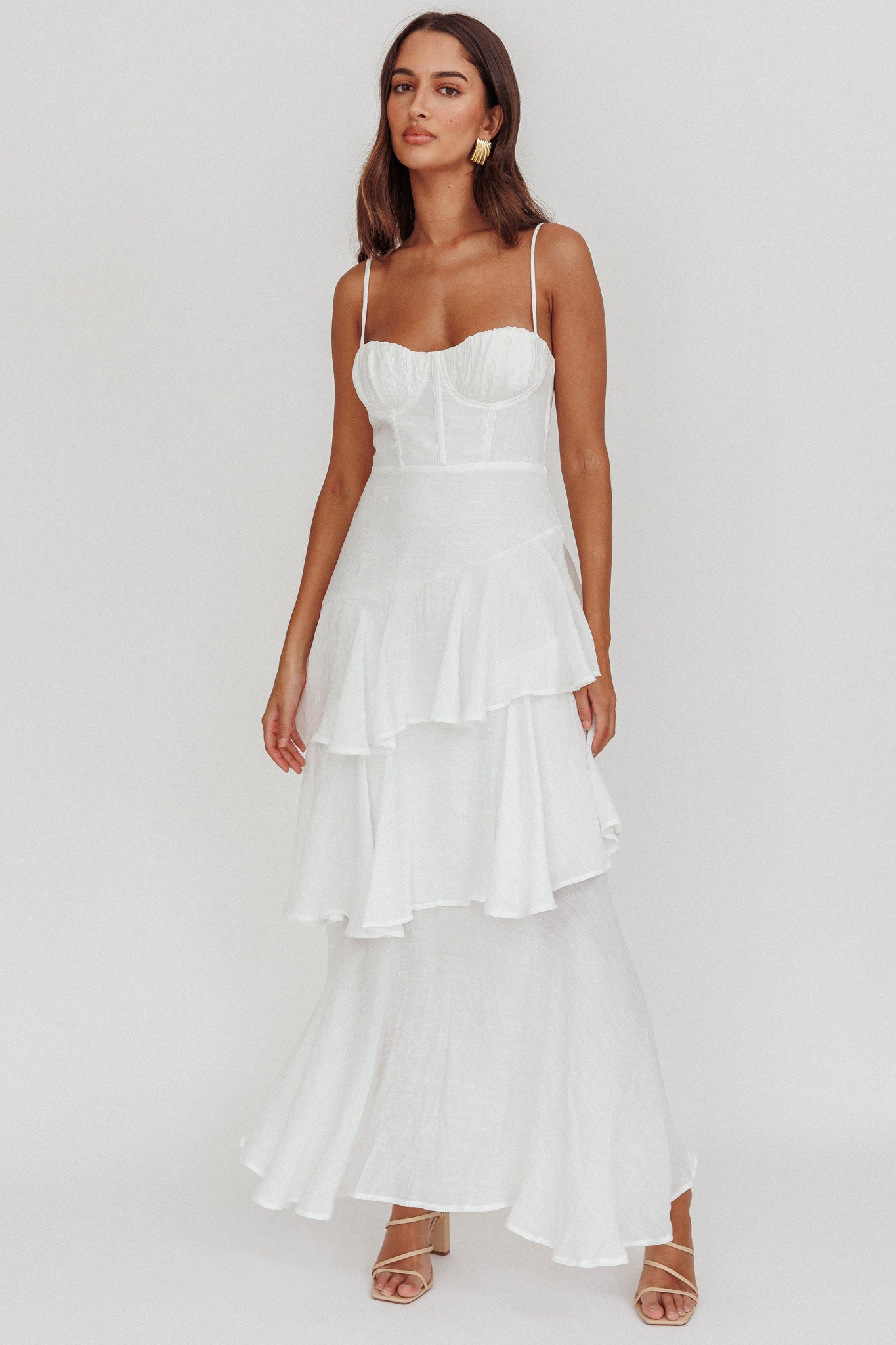 Madrid Tiered Ruffle Maxi Dress White-Fable Dress