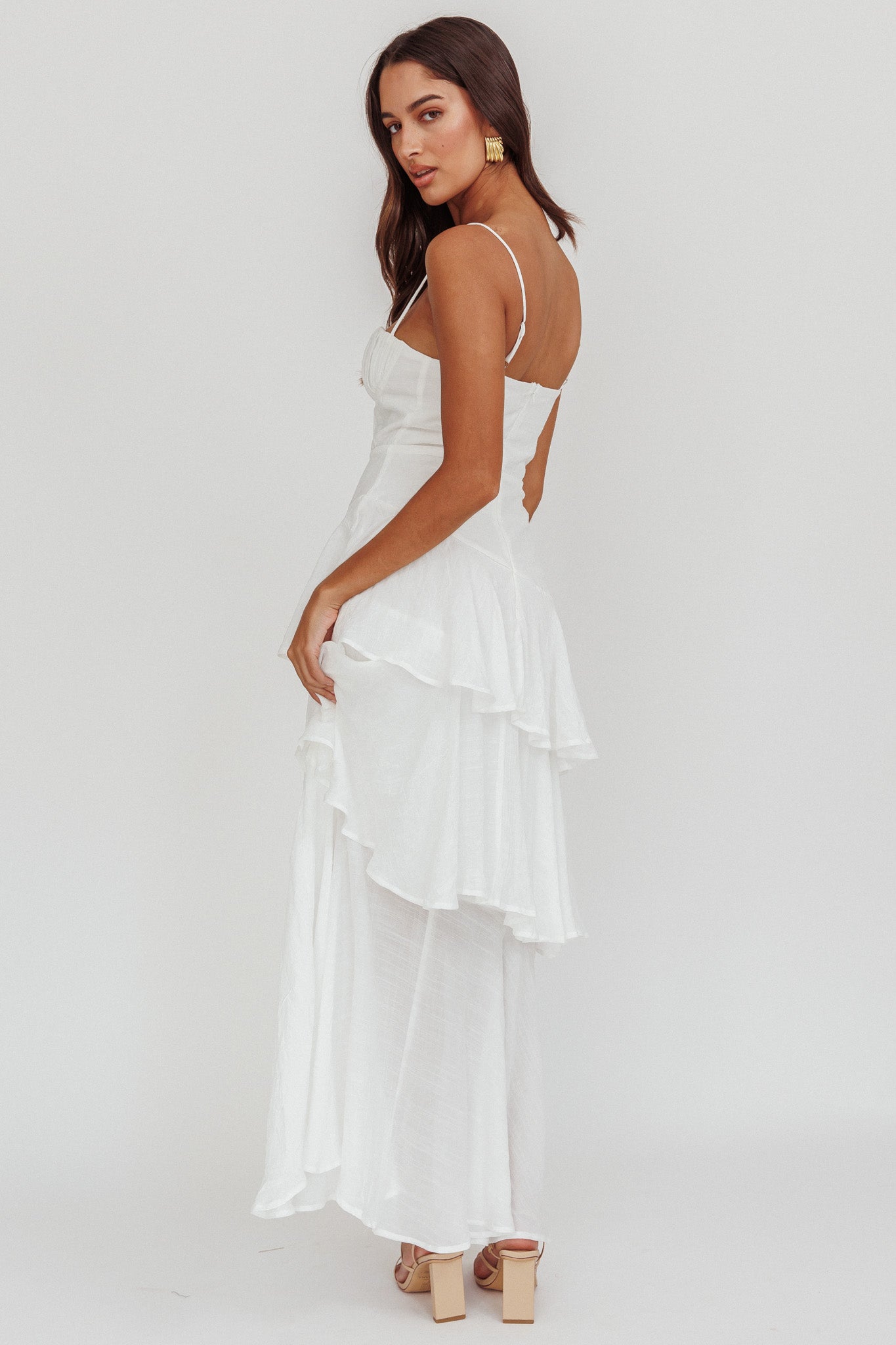 Madrid Tiered Ruffle Maxi Dress White-Fable Dress