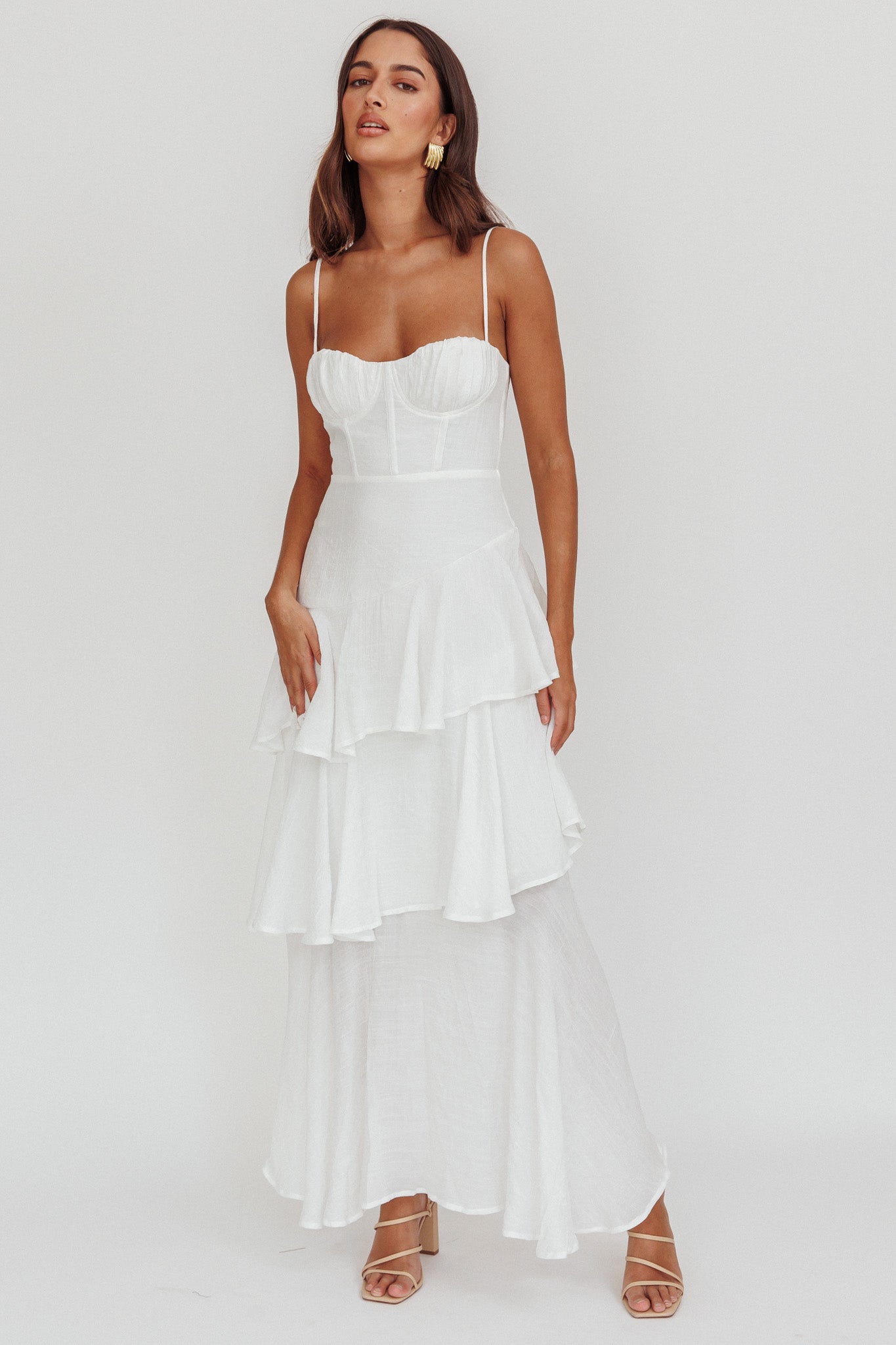 Madrid Tiered Ruffle Maxi Dress White-Fable Dress