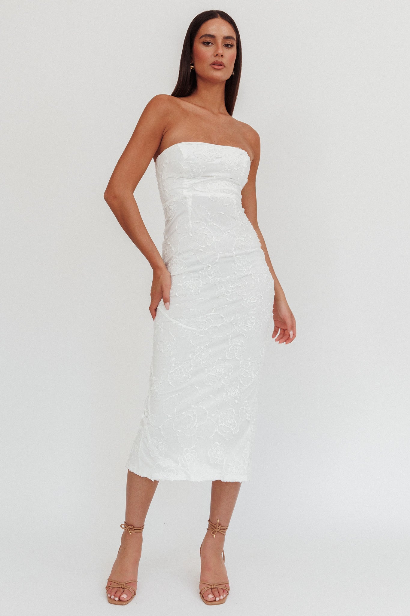 Bia Strapless Embroidered Midi Dress White-Fable Dress