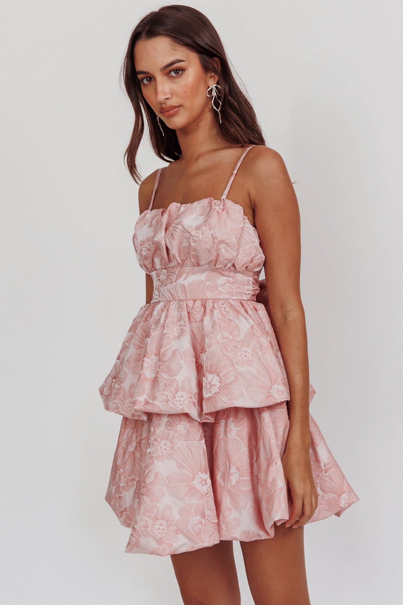 Zilara Bubble Hem Bow Dress Jacquard Pink-Fable Dress