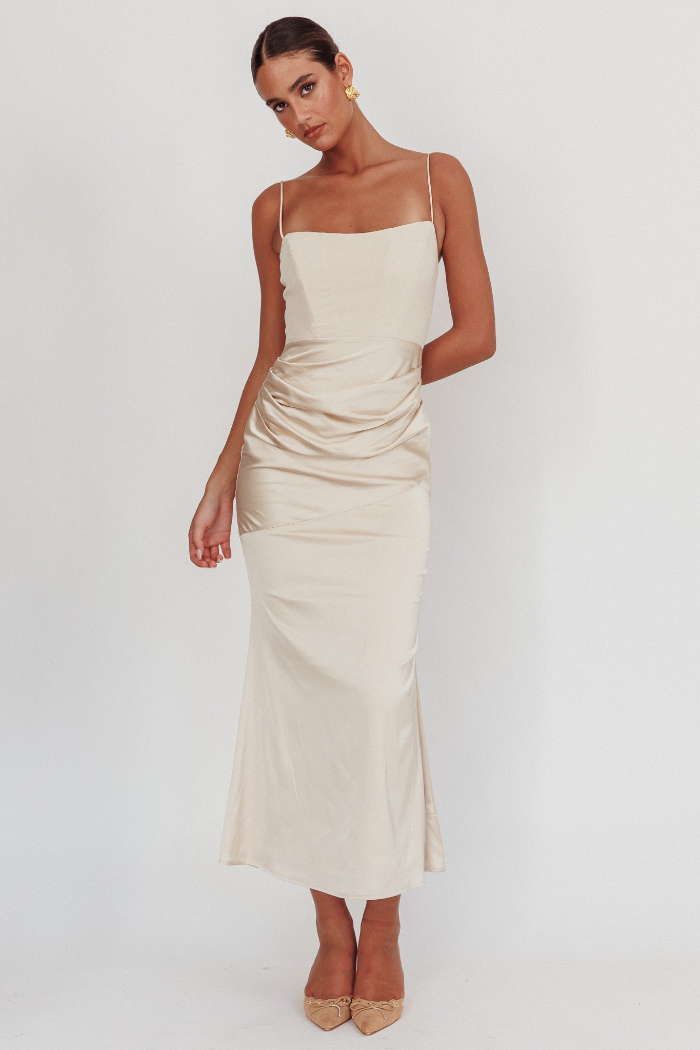 Morella Draped Waist Maxi Dress Champagne-Fable Dress