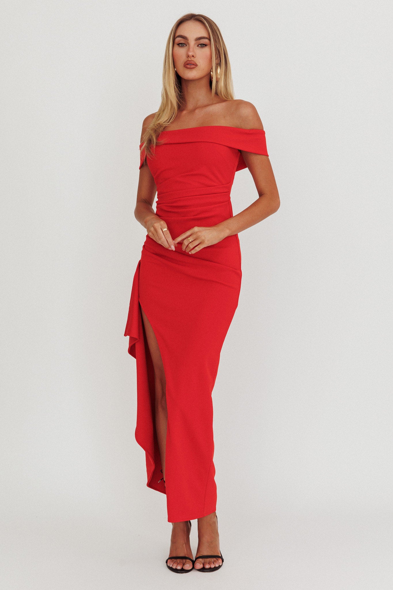 Cha Cha Strapless Thigh Split Dress Red-Fable Dress